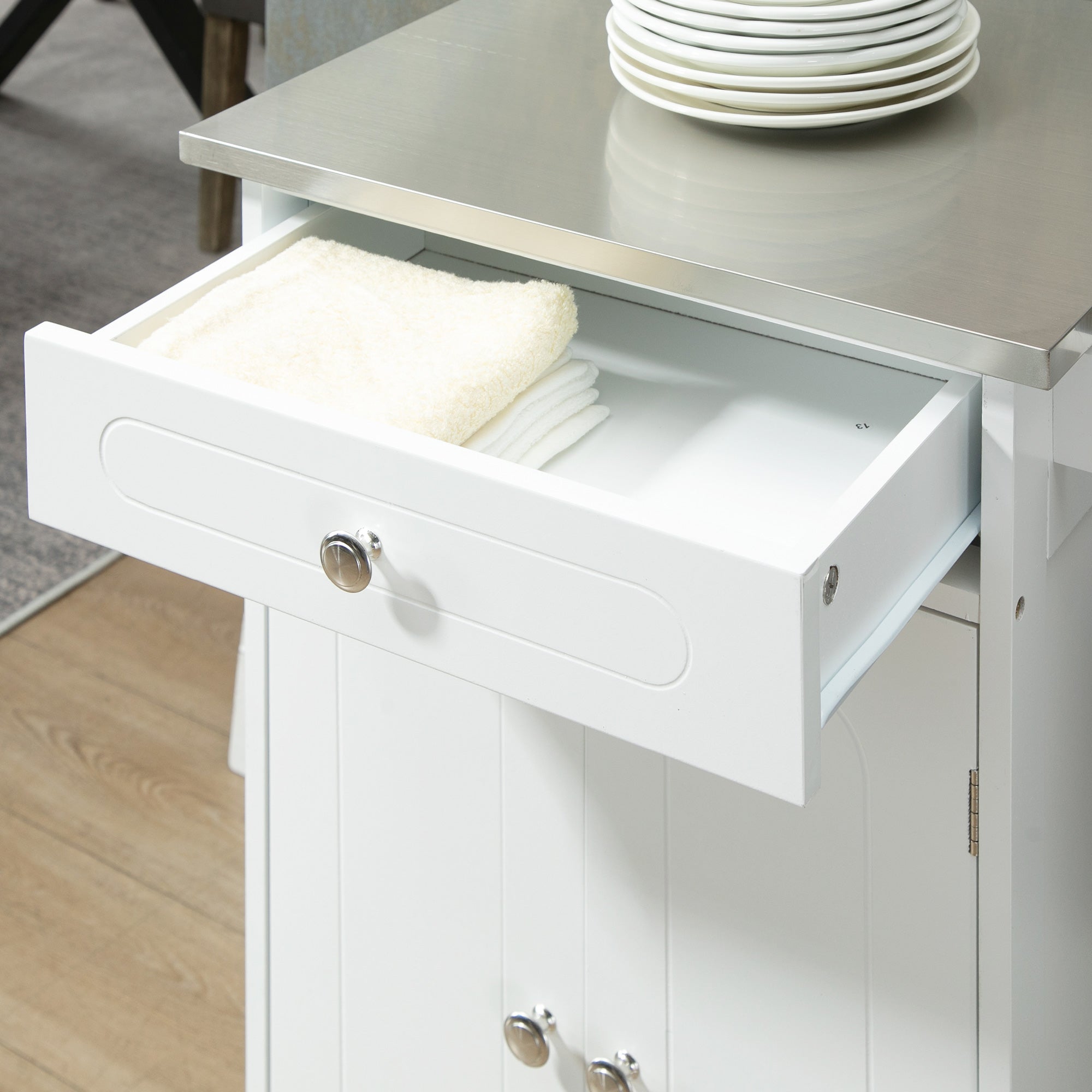 HOMCOM Kitchen Cart, Small Kitchen Island, Stainless Steel Top Utility Trolley on Wheels with Storage Drawer for Dining Room, Kitchen (White)