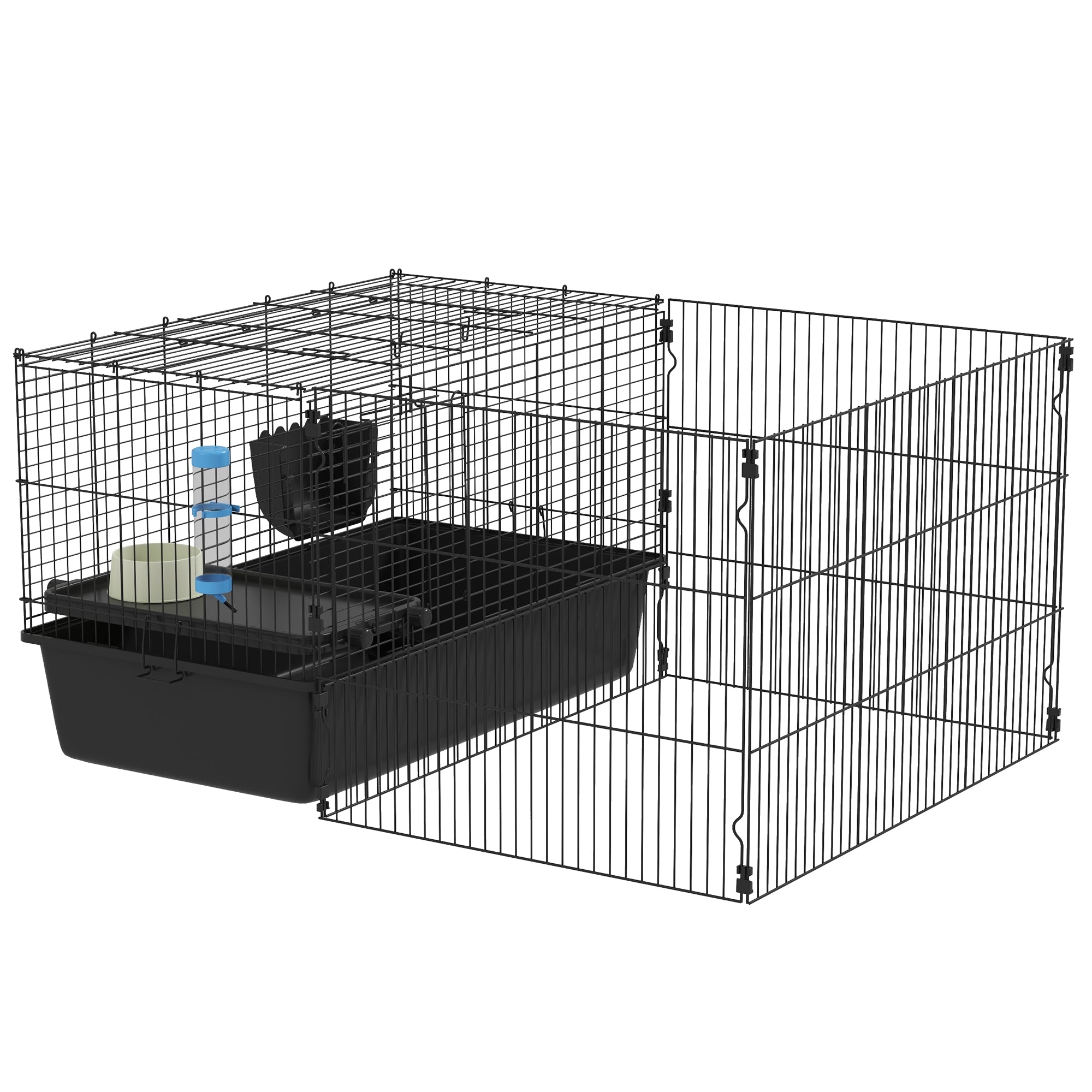 PawHut 33" Small Animal Cage with Playpen, Bunny Hutch Indoor for Guinea Pigs Hedgehogs with Accessories, Water Bottle, Food Dish, Feeding Trough