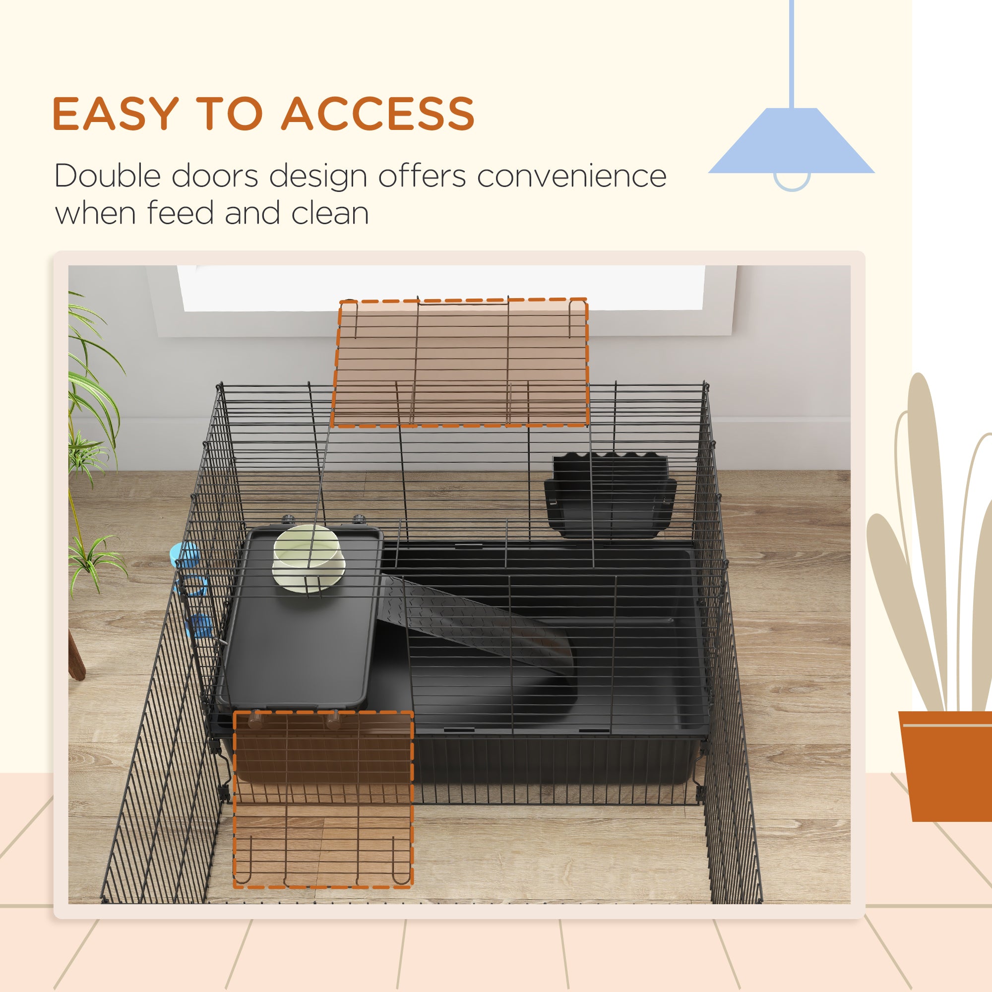 PawHut 33" Small Animal Cage with Playpen, Bunny Hutch Indoor for Guinea Pigs Hedgehogs with Accessories, Water Bottle, Food Dish, Feeding Trough
