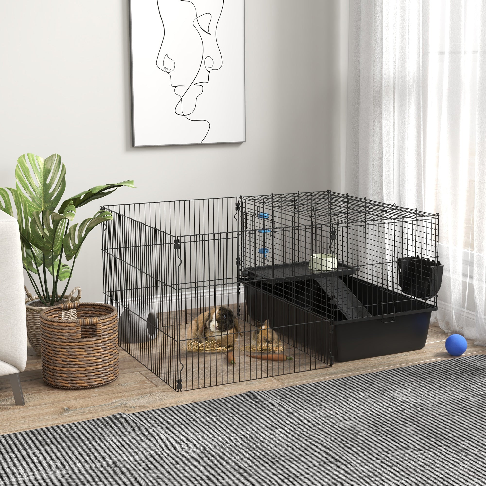 PawHut 33" Small Animal Cage with Playpen, Bunny Hutch Indoor for Guinea Pigs Hedgehogs with Accessories, Water Bottle, Food Dish, Feeding Trough