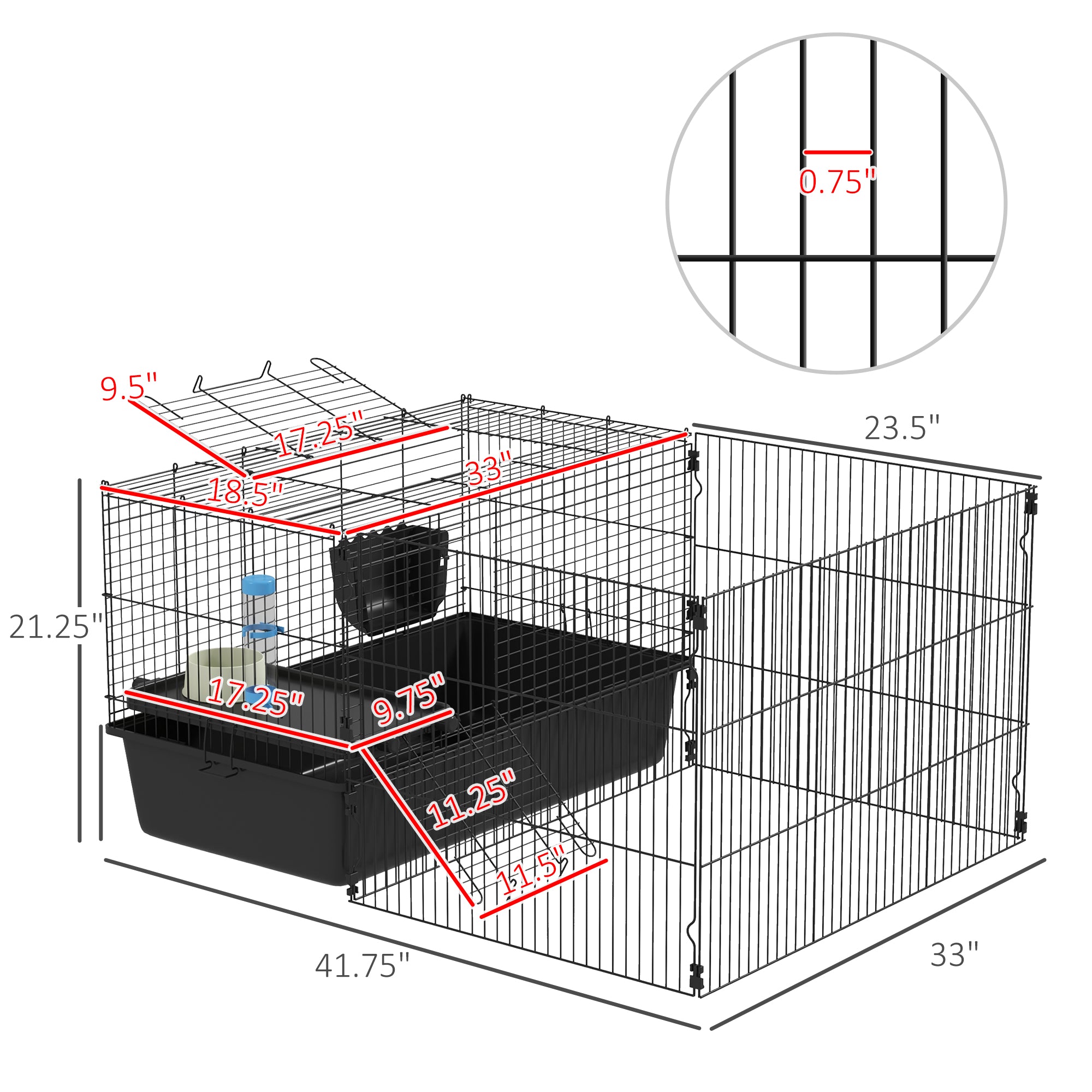 PawHut 33" Small Animal Cage with Playpen, Bunny Hutch Indoor for Guinea Pigs Hedgehogs with Accessories, Water Bottle, Food Dish, Feeding Trough