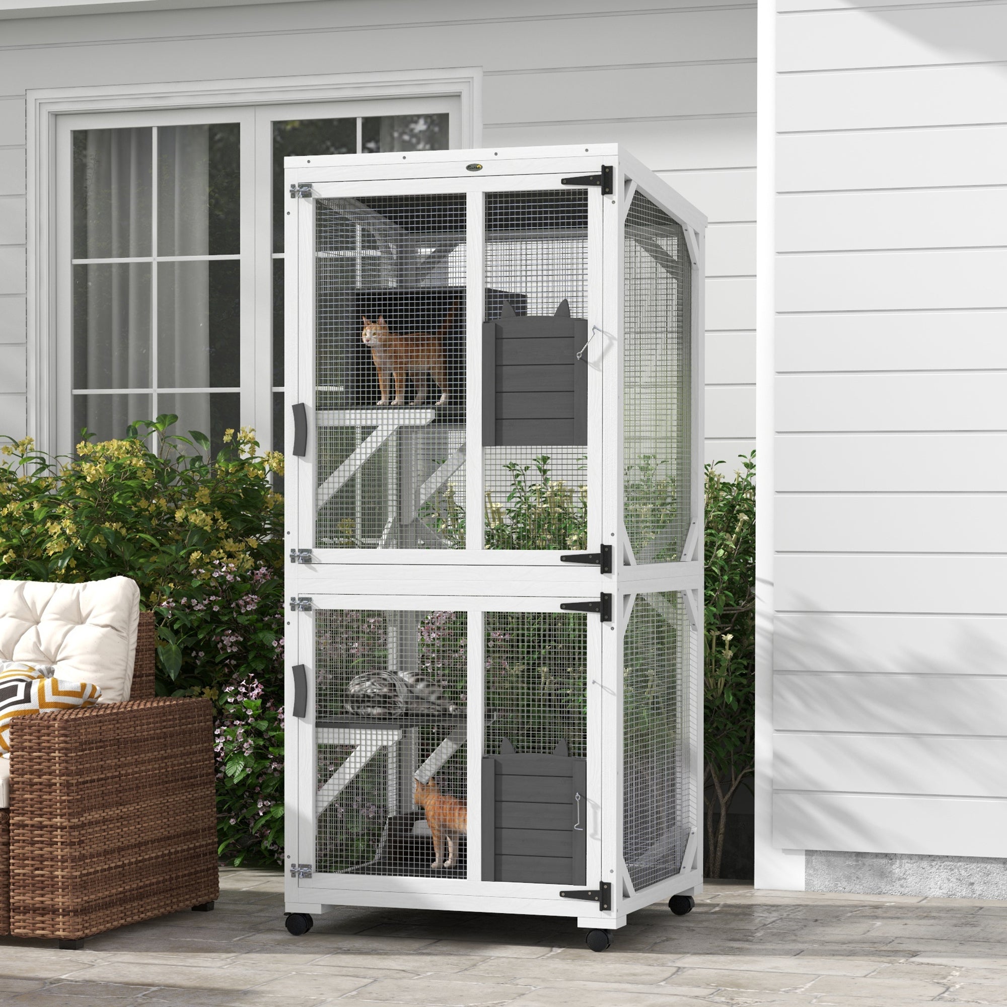 PawHut Outdoor Cat House, Large Catio Wooden Kitten Enclosure Elevated Design, with Wheels, Resting Box, Water-Resistant, Multi Platforms, for 1-3 Cats, White & Grey