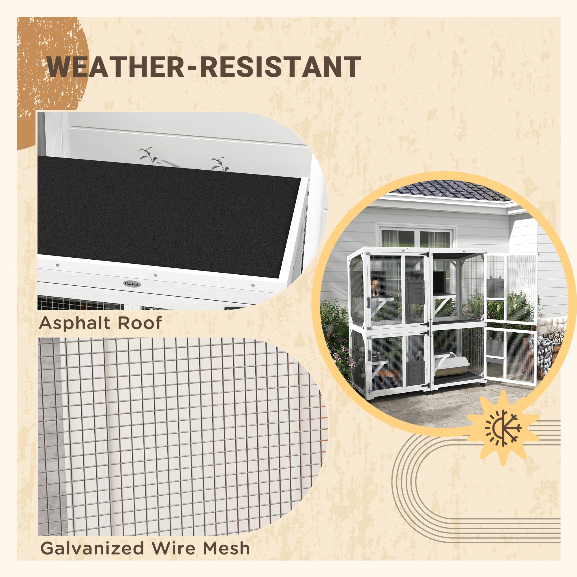 PawHut Outdoor Cat House, Large Catio Wooden Kitten Enclosure Elevated Design, with Wheels, Resting Box, Water-Resistant, Multi Platforms, for 1-3 Cats, White & Grey