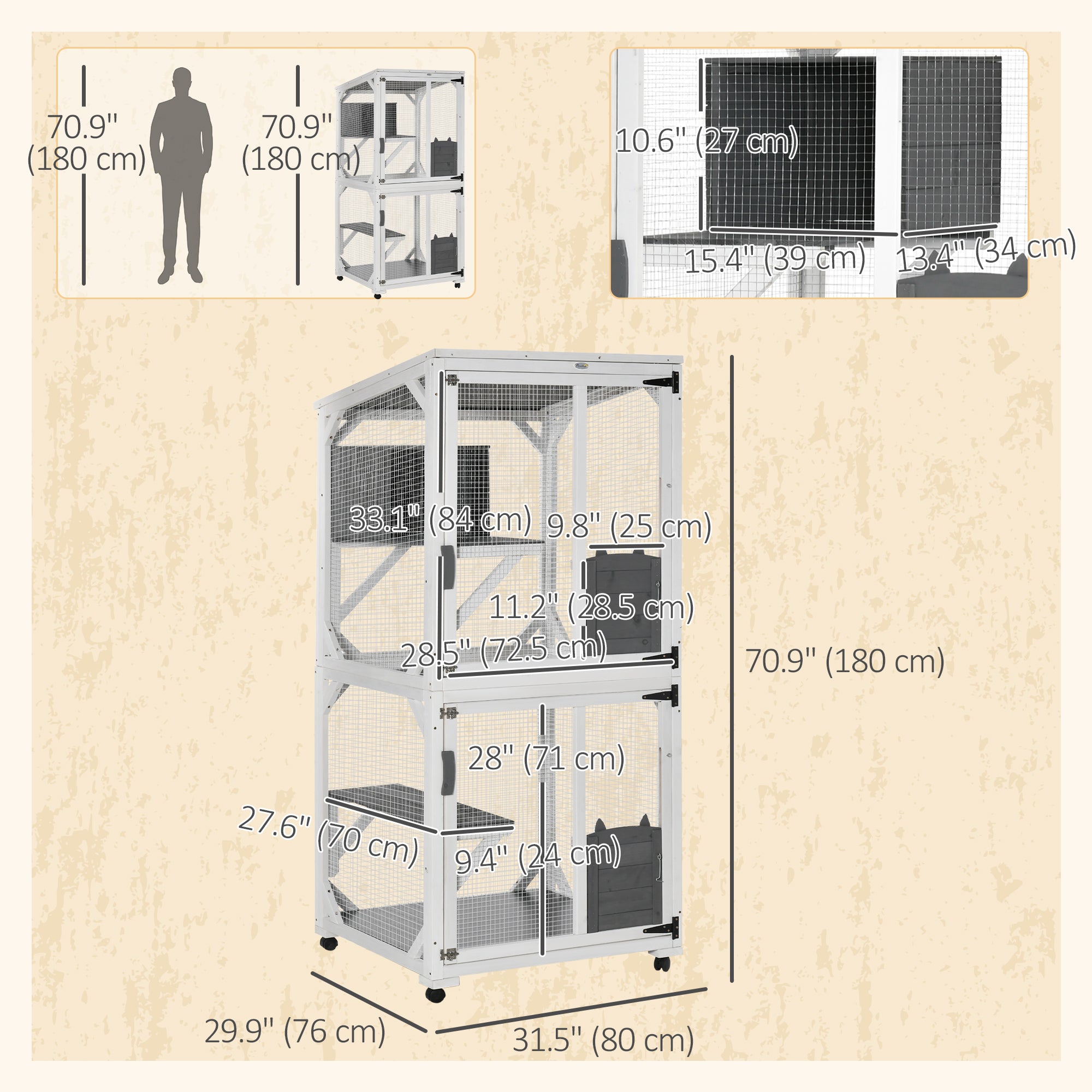 PawHut Outdoor Cat House, Large Catio Wooden Kitten Enclosure Elevated Design, with Wheels, Resting Box, Water-Resistant, Multi Platforms, for 1-3 Cats, White & Grey