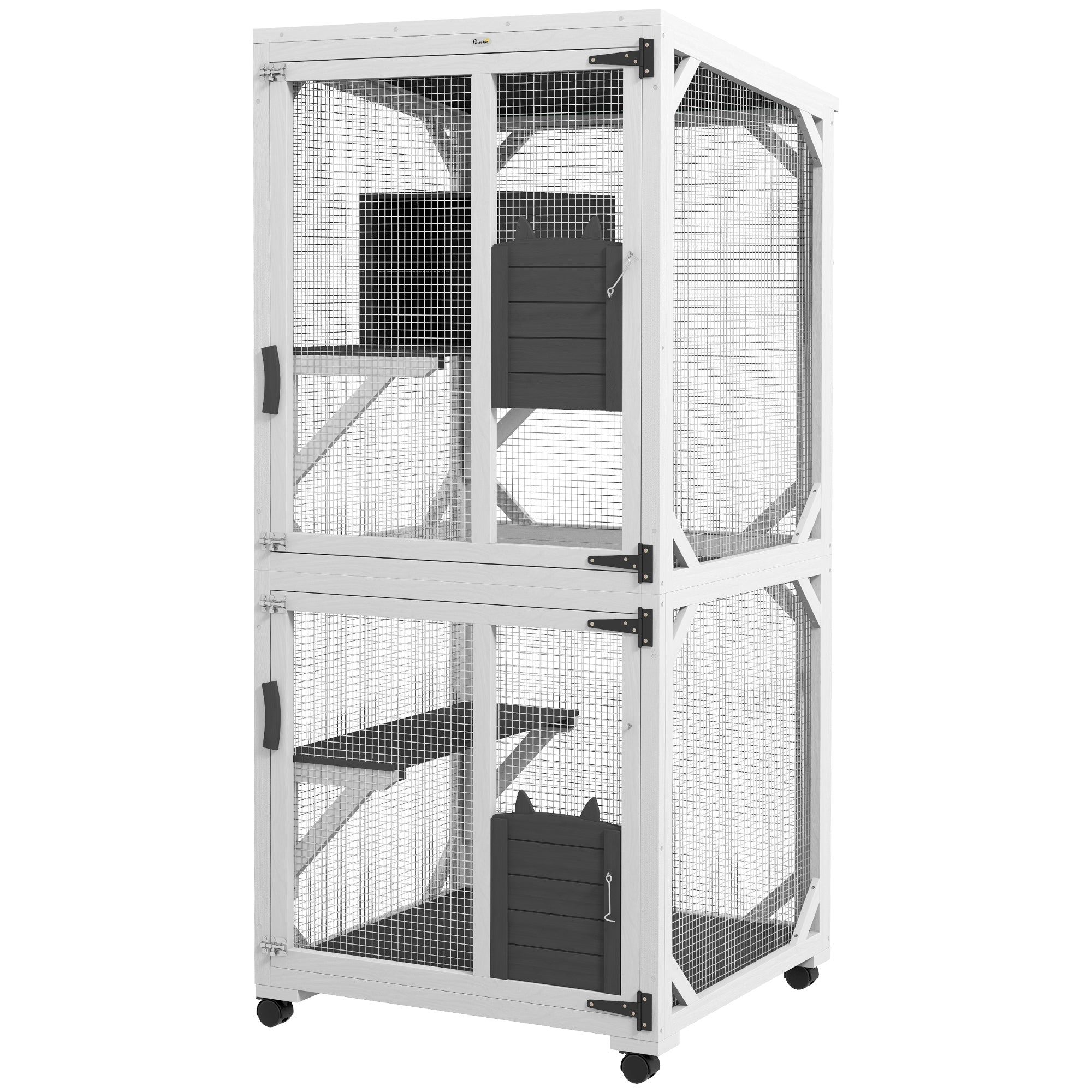 PawHut Outdoor Cat House, Large Catio Wooden Kitten Enclosure Elevated Design, with Wheels, Resting Box, Water-Resistant, Multi Platforms, for 1-3 Cats, White & Grey