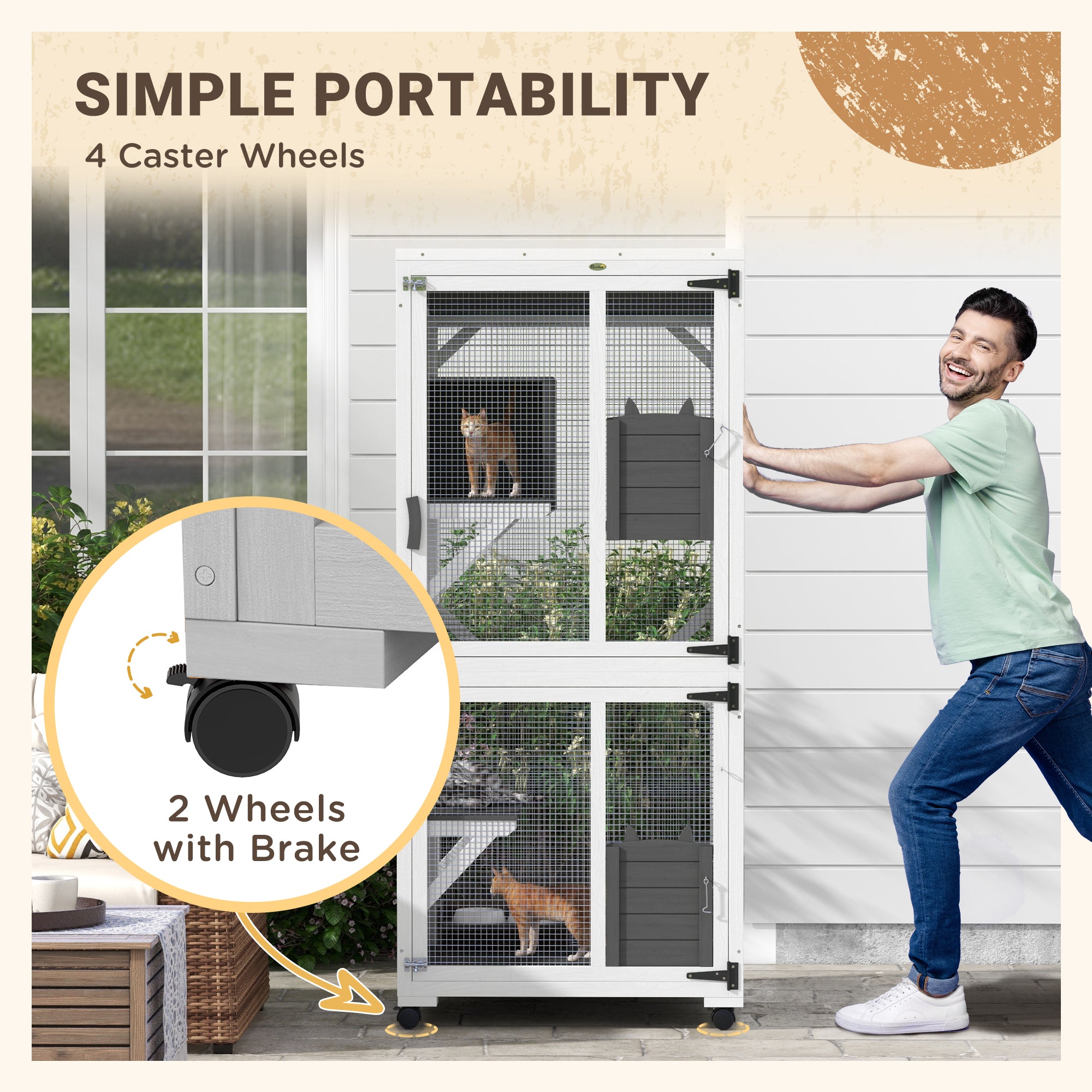 PawHut Outdoor Cat House, Large Catio Wooden Kitten Enclosure Elevated Design, with Wheels, Resting Box, Water-Resistant, Multi Platforms, for 1-3 Cats, White & Grey