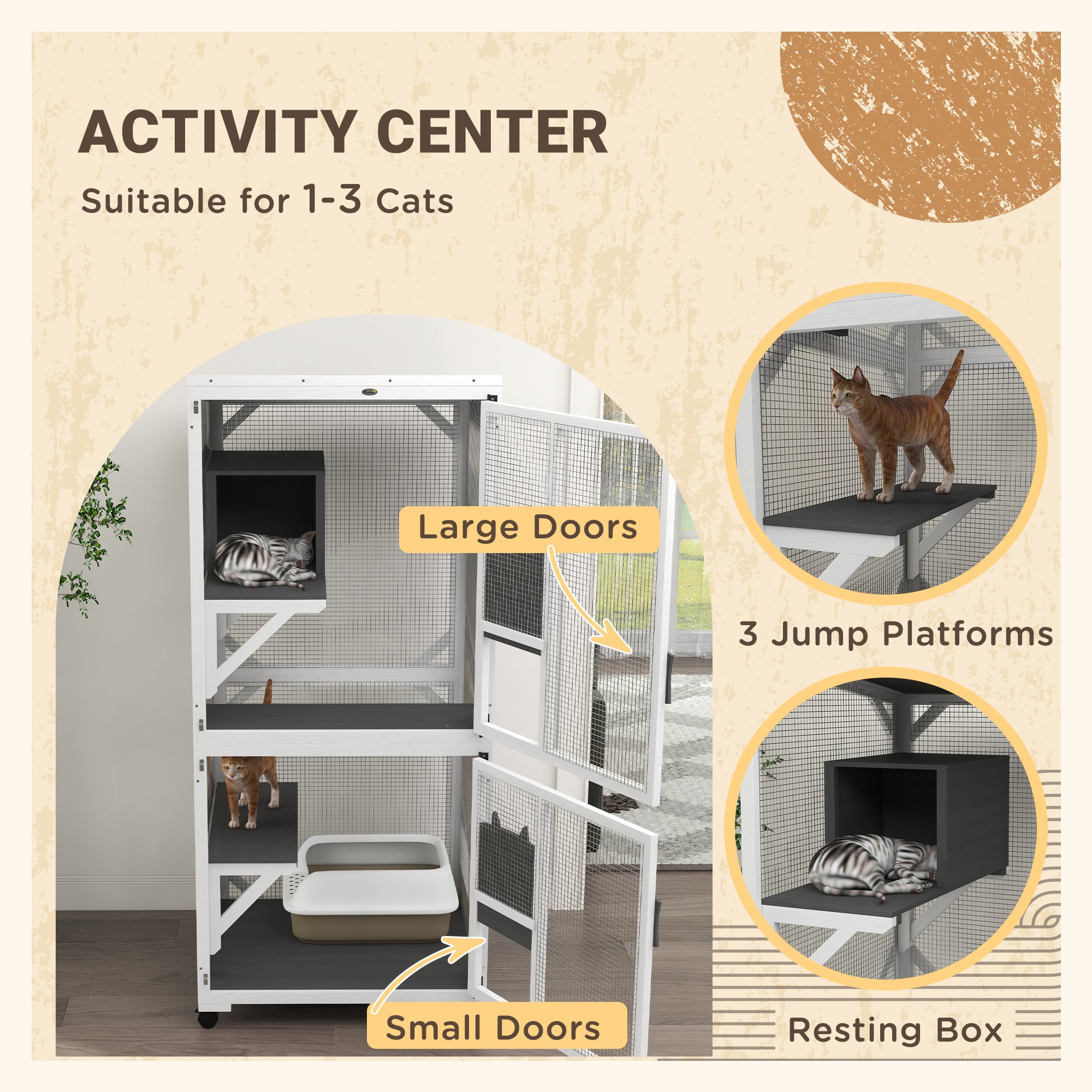PawHut Outdoor Cat House, Large Catio Wooden Kitten Enclosure Elevated Design, with Wheels, Resting Box, Water-Resistant, Multi Platforms, for 1-3 Cats, White & Grey