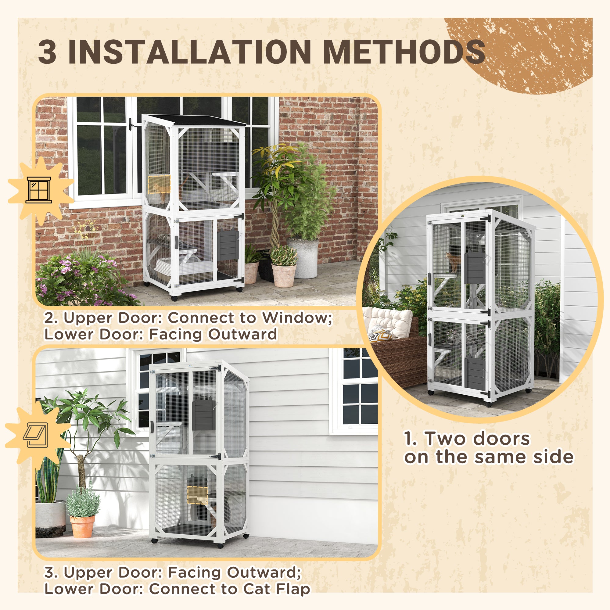 PawHut Outdoor Cat House, Large Catio Wooden Kitten Enclosure Elevated Design, with Wheels, Resting Box, Water-Resistant, Multi Platforms, for 1-3 Cats, White & Grey