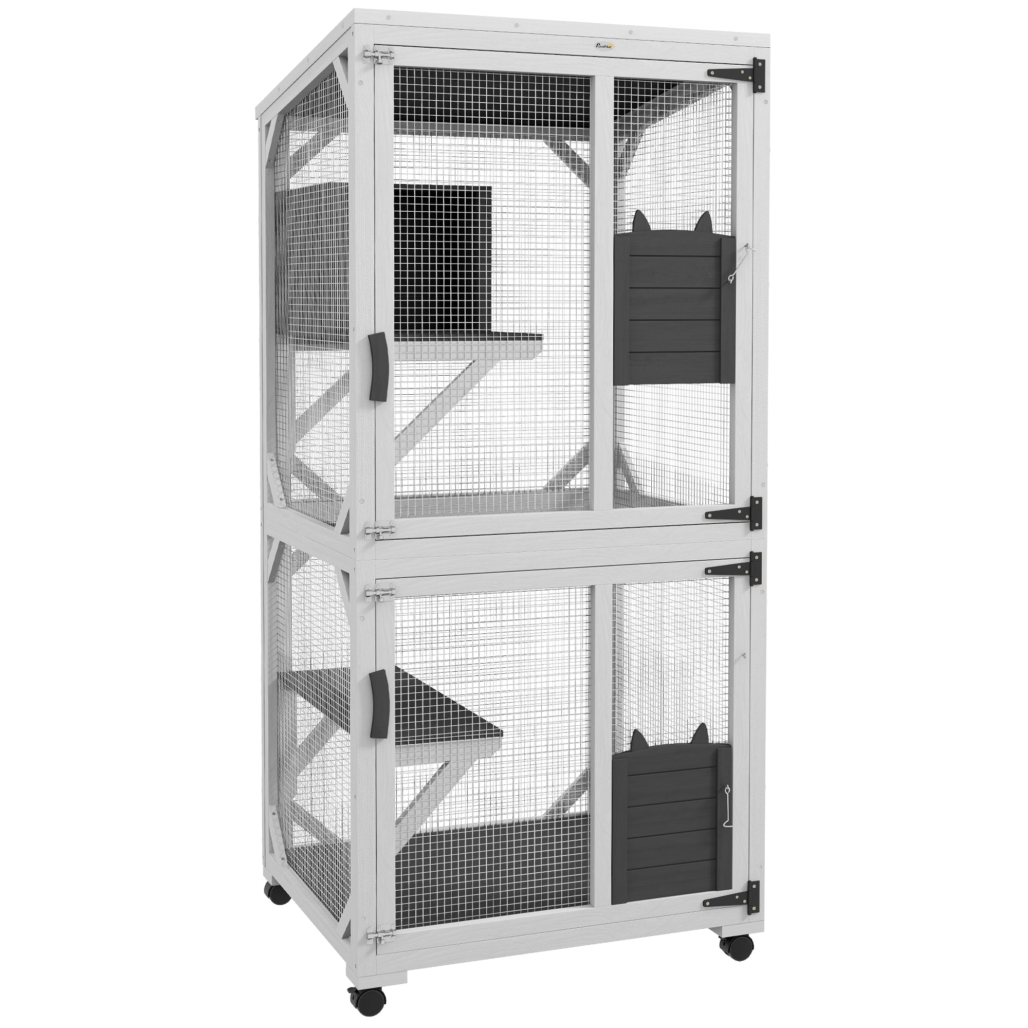 PawHut Outdoor Cat House, Large Catio Wooden Kitten Enclosure Elevated Design, with Wheels, Resting Box, Water-Resistant, Multi Platforms, for 1-3 Cats, White & Grey