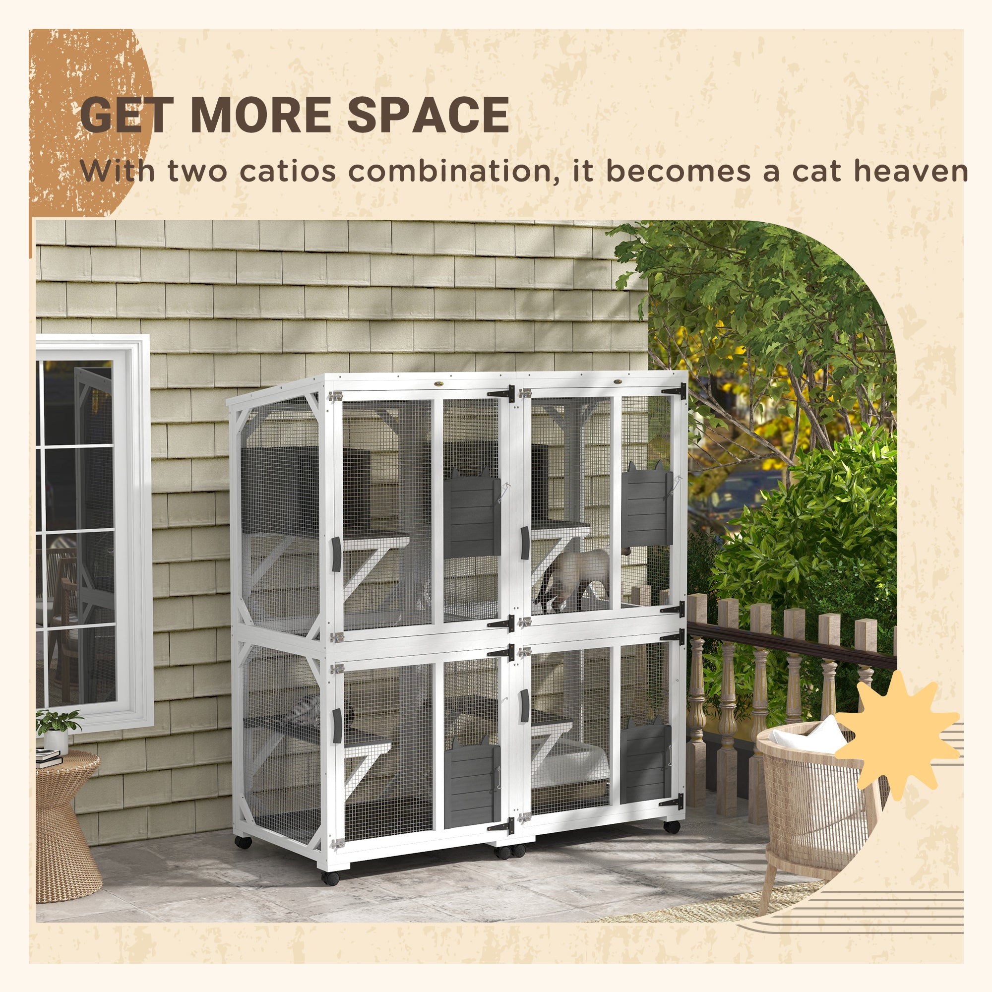 PawHut Outdoor Cat House, Large Catio Wooden Kitten Enclosure Elevated Design, with Wheels, Resting Box, Water-Resistant, Multi Platforms, for 1-3 Cats, White & Grey