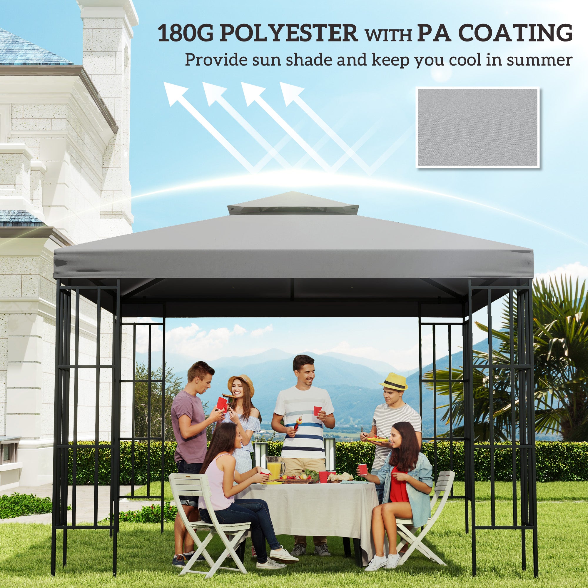 Outsunny 9.8' x 9.8' Square 2-Tier Gazebo Canopy Replacement Top Cover Outdoor Garden Sun Shade, Light Grey