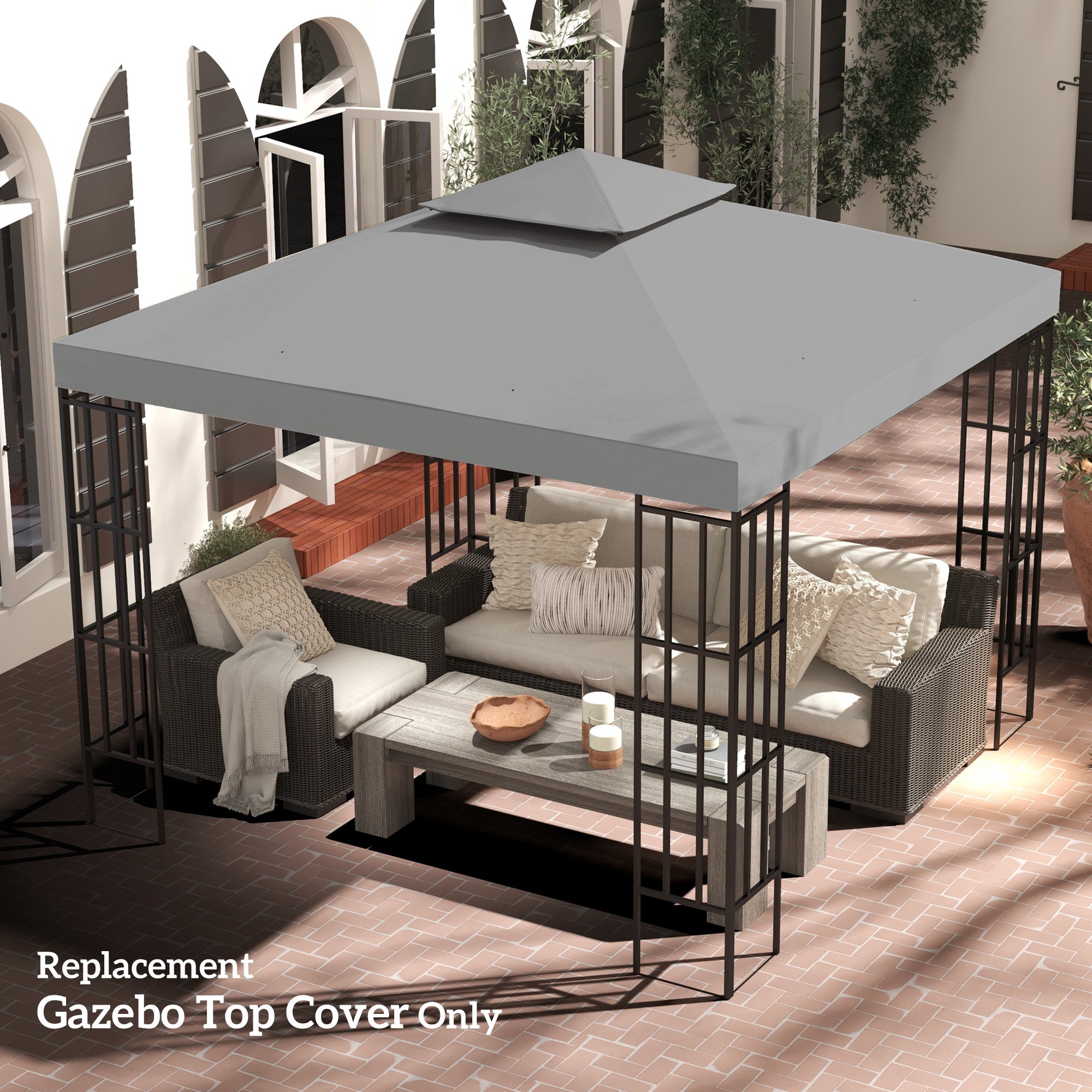 Outsunny 9.8' x 9.8' Square 2-Tier Gazebo Canopy Replacement Top Cover Outdoor Garden Sun Shade, Light Grey