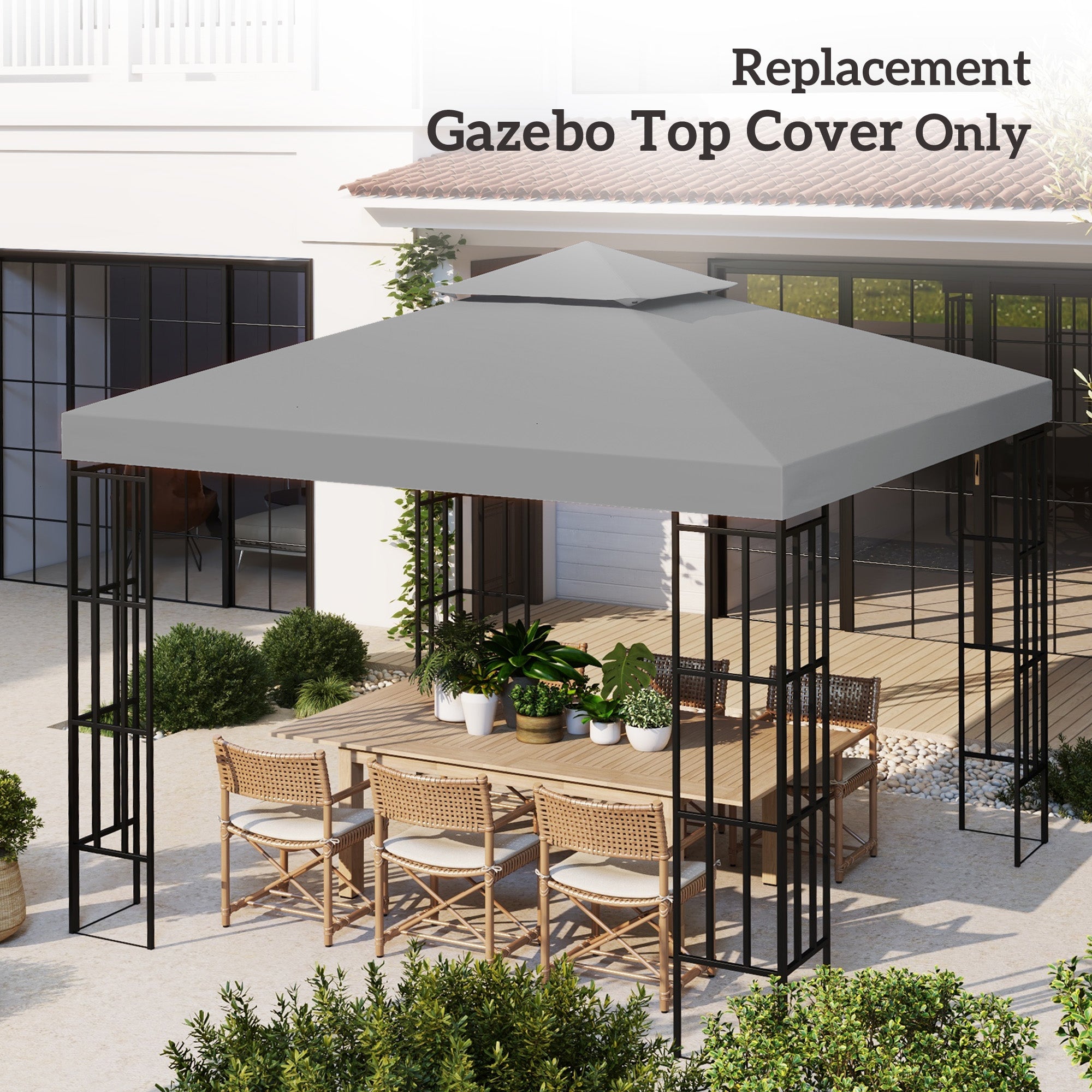 Outsunny 9.8' x 9.8' Square 2-Tier Gazebo Canopy Replacement Top Cover Outdoor Garden Sun Shade, Light Grey