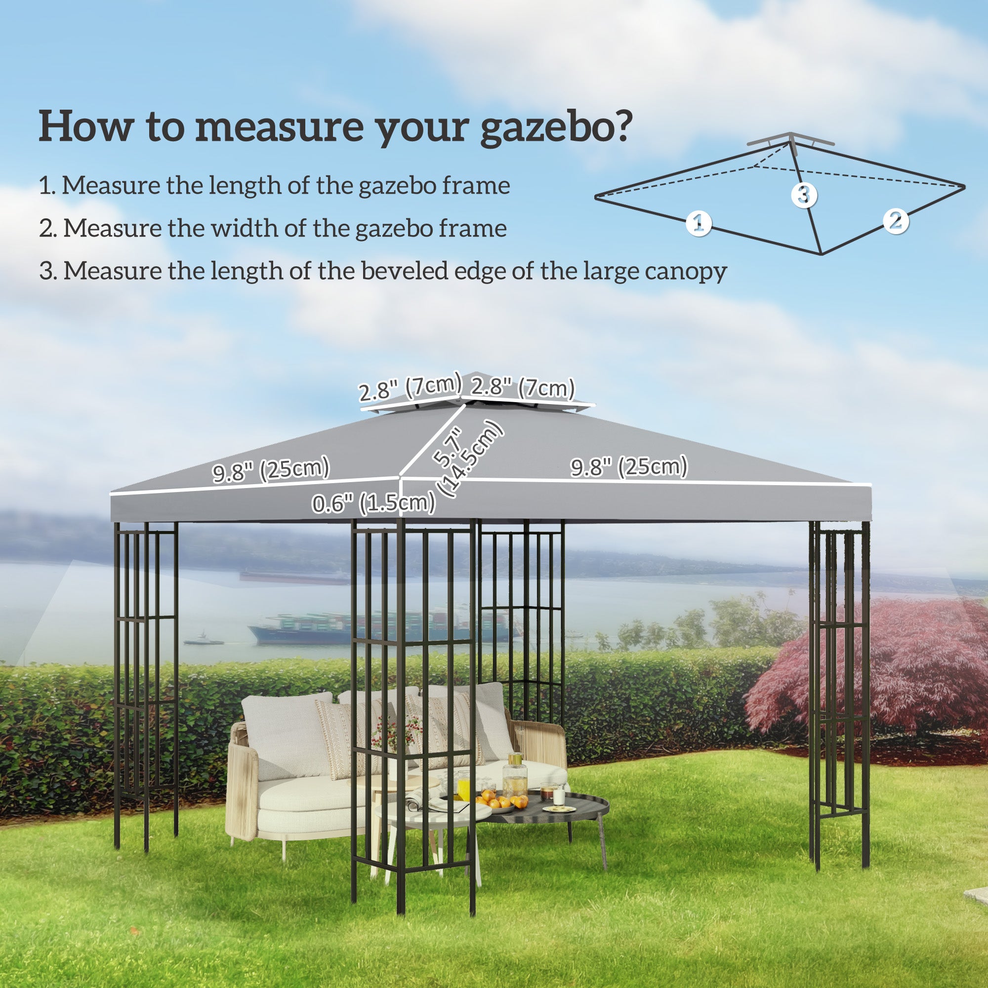 Outsunny 9.8' x 9.8' Square 2-Tier Gazebo Canopy Replacement Top Cover Outdoor Garden Sun Shade, Light Grey