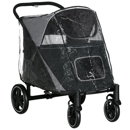 PawHut One-Click Foldable Pet Travel Stroller with Rain Cover, Cat Dog Pushchair with Universal Front Wheels, Shock Absorber, Storage Bags, Mesh Window, Safety Leash for Large and Medium Dogs (Black)