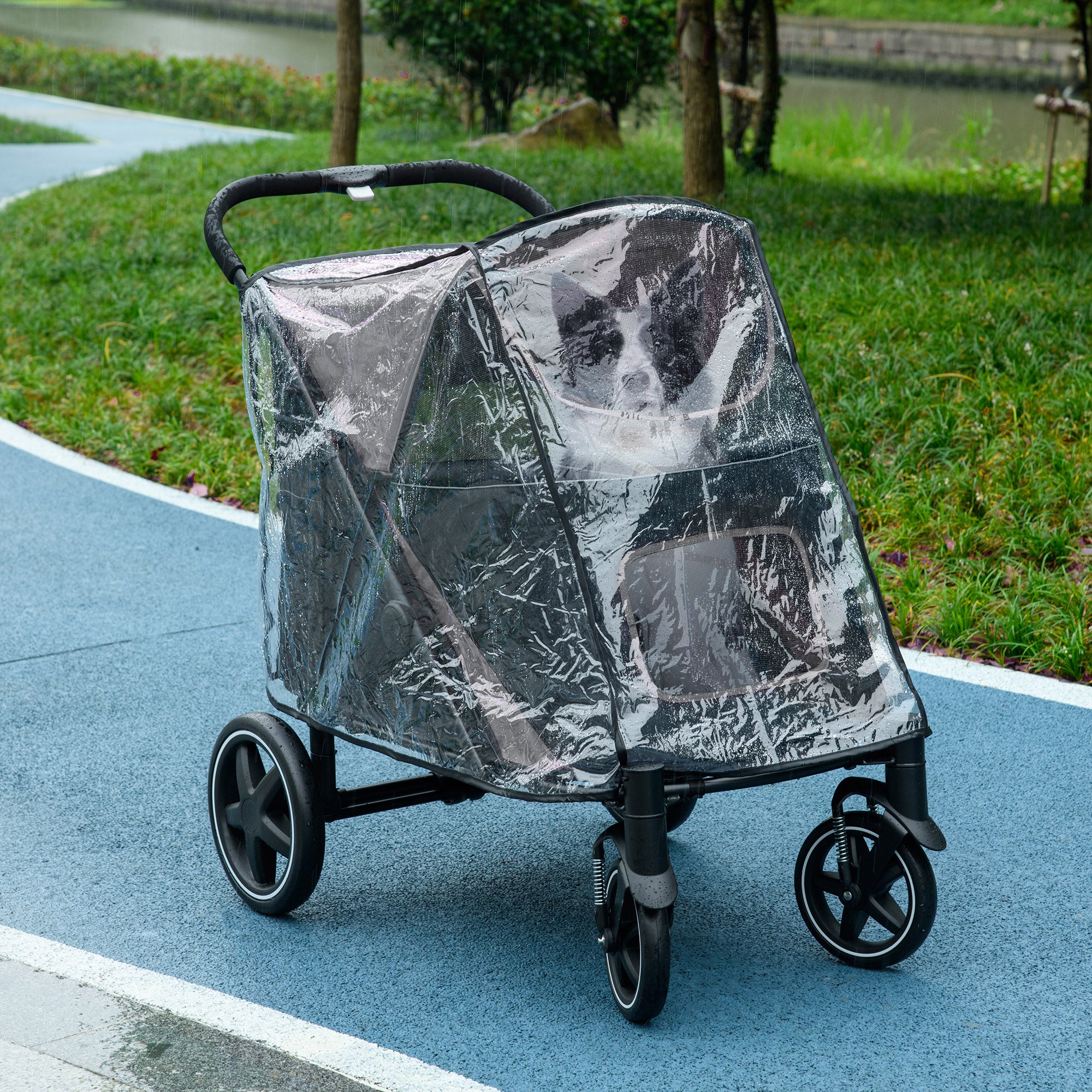 PawHut One-Click Foldable Pet Travel Stroller with Rain Cover, Cat Dog Pushchair with Universal Front Wheels, Shock Absorber, Storage Bags, Mesh Window, Safety Leash for Large and Medium Dogs (Black)