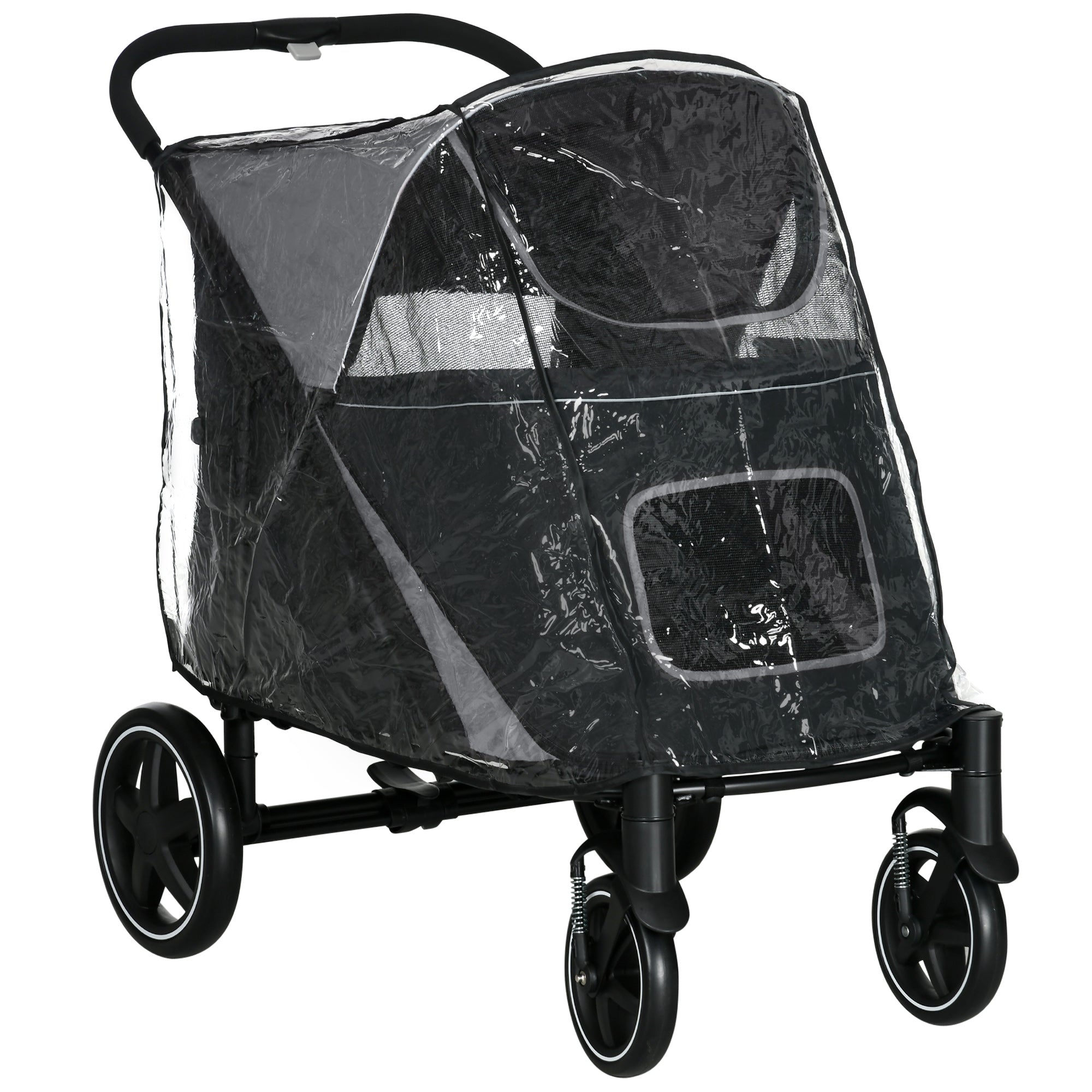 PawHut One-Click Foldable Pet Travel Stroller with Rain Cover, Cat Dog Pushchair with Universal Front Wheels, Shock Absorber, Storage Bags, Mesh Window, Safety Leash for Large and Medium Dogs (Black)