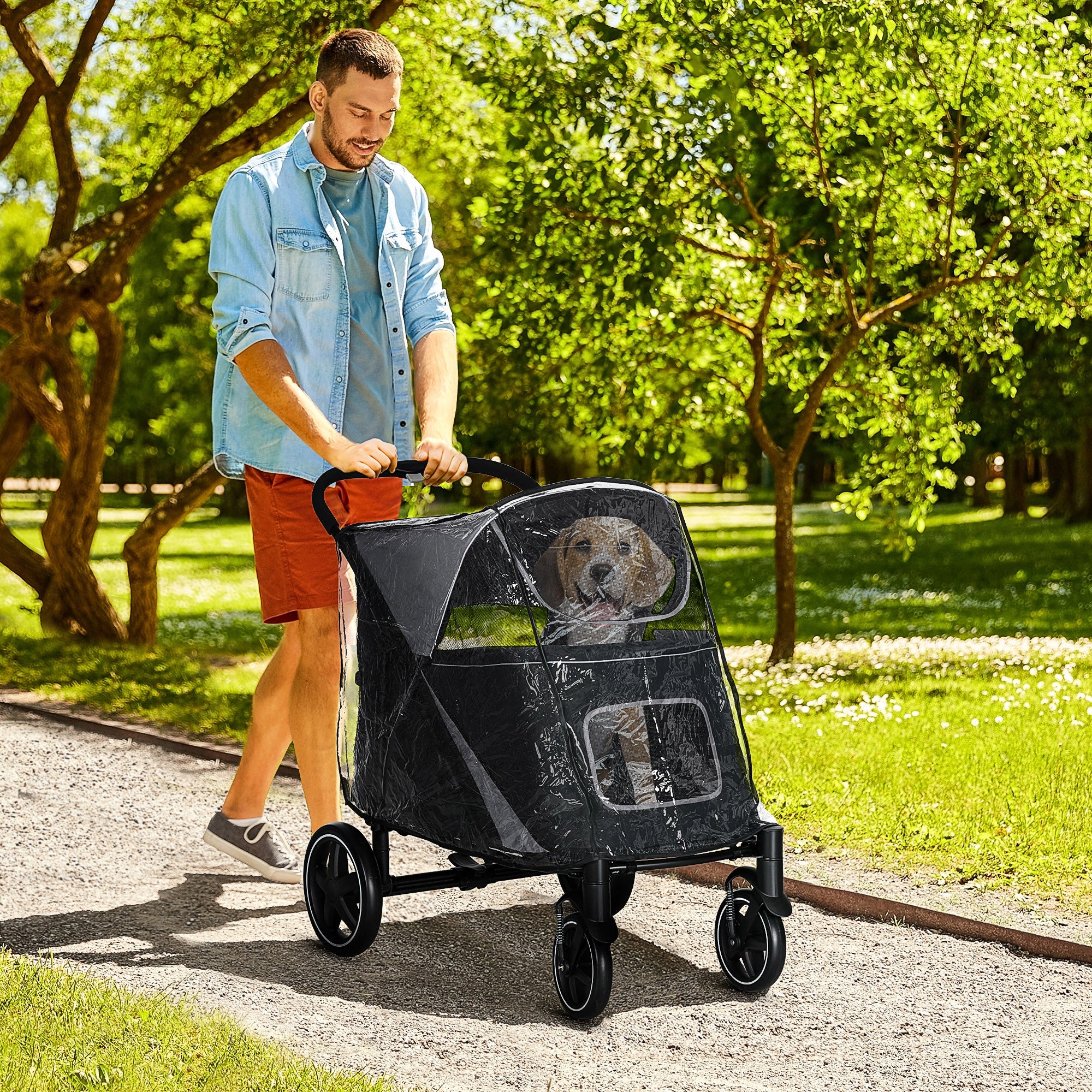 PawHut One-Click Foldable Pet Travel Stroller with Rain Cover, Cat Dog Pushchair with Universal Front Wheels, Shock Absorber, Storage Bags, Mesh Window, Safety Leash for Large and Medium Dogs (Black)