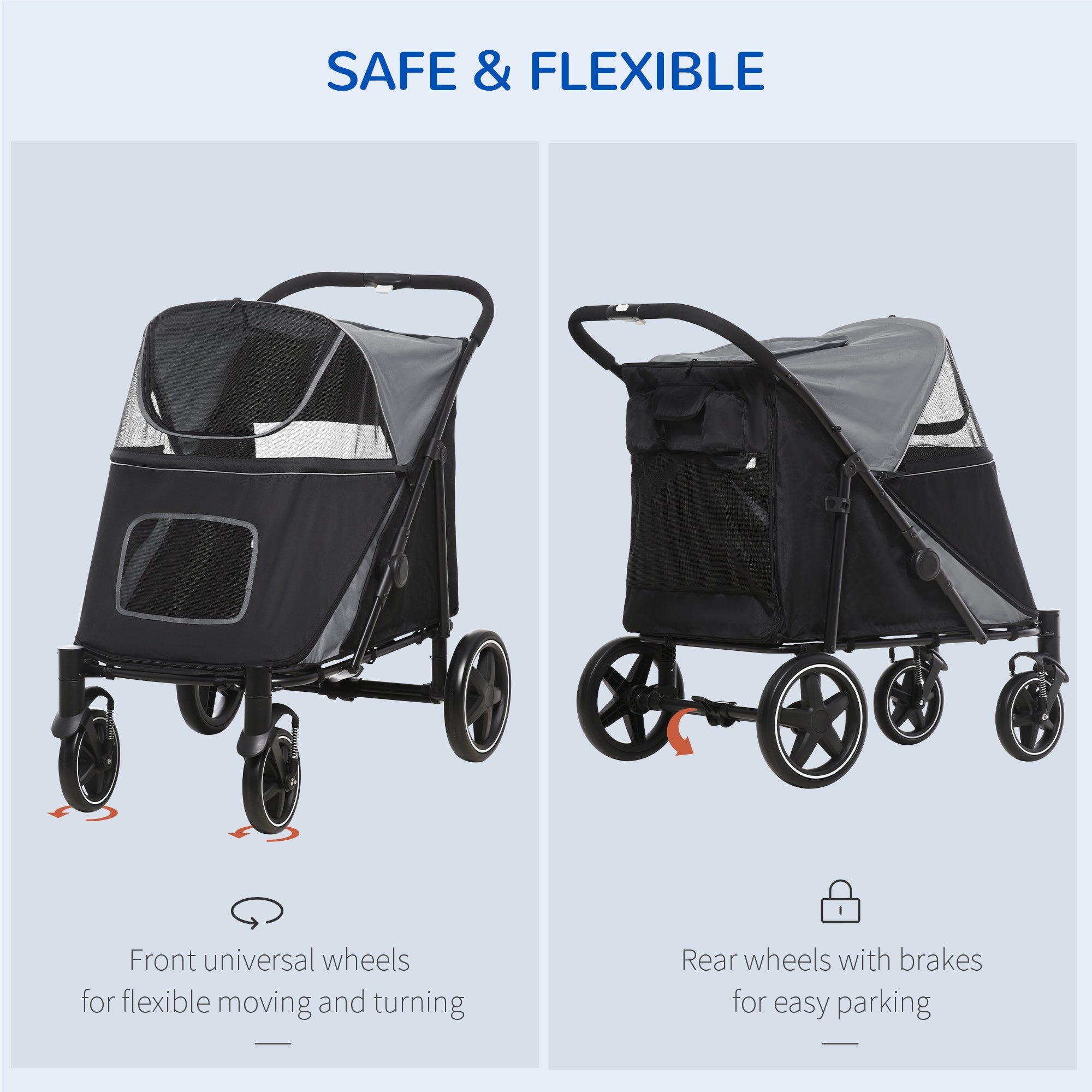 PawHut One-Click Foldable Pet Travel Stroller with Rain Cover, Cat Dog Pushchair with Universal Front Wheels, Shock Absorber, Storage Bags, Mesh Window, Safety Leash for Large and Medium Dogs (Black)