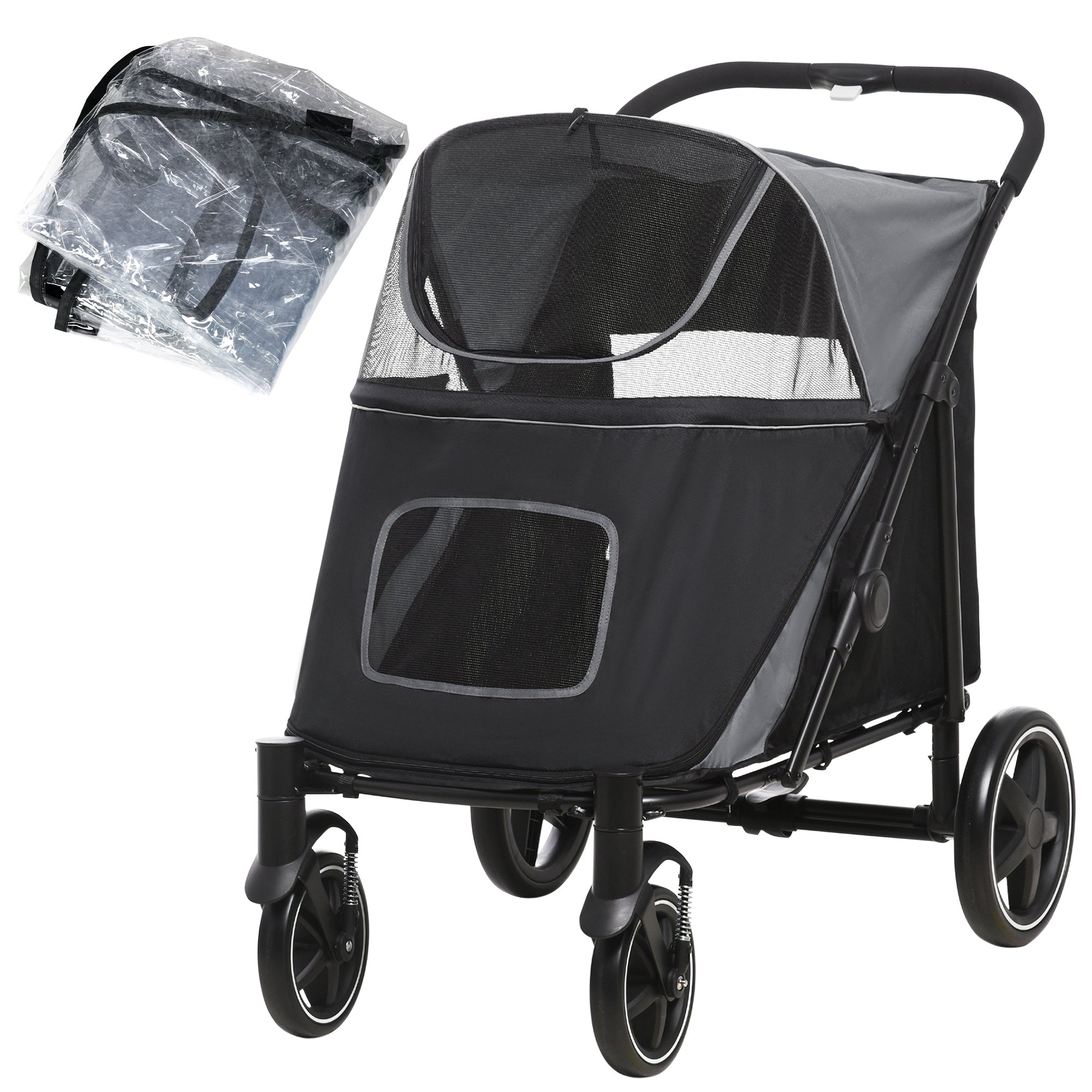 PawHut One-Click Foldable Pet Travel Stroller with Rain Cover, Cat Dog Pushchair with Universal Front Wheels, Shock Absorber, Storage Bags, Mesh Window, Safety Leash for Large and Medium Dogs (Black)