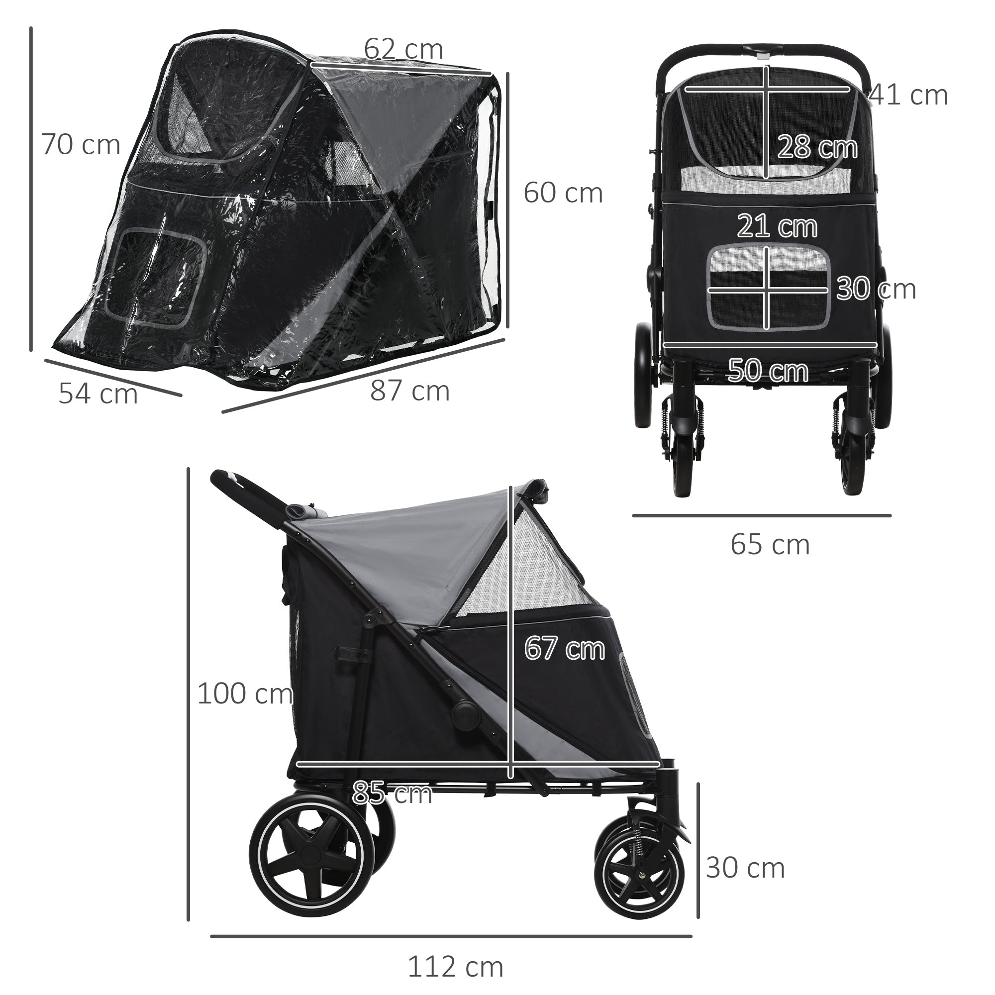 PawHut One-Click Foldable Pet Travel Stroller with Rain Cover, Cat Dog Pushchair with Universal Front Wheels, Shock Absorber, Storage Bags, Mesh Window, Safety Leash for Large and Medium Dogs (Black)