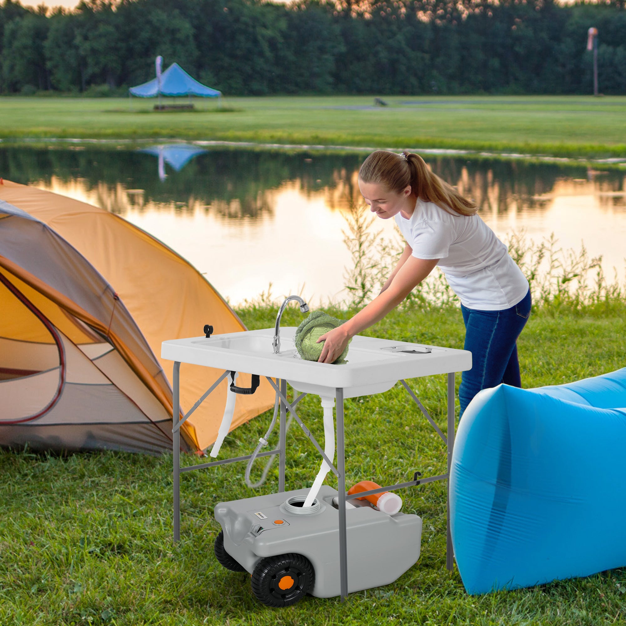 Outsunny 5.8 Gallon Portable RV Waste Holding Tank, Water Storage Container with Collapsible Handle & Wheels, Portable Water Tank with Rotating Drain Spout, Level Indicator, Grey