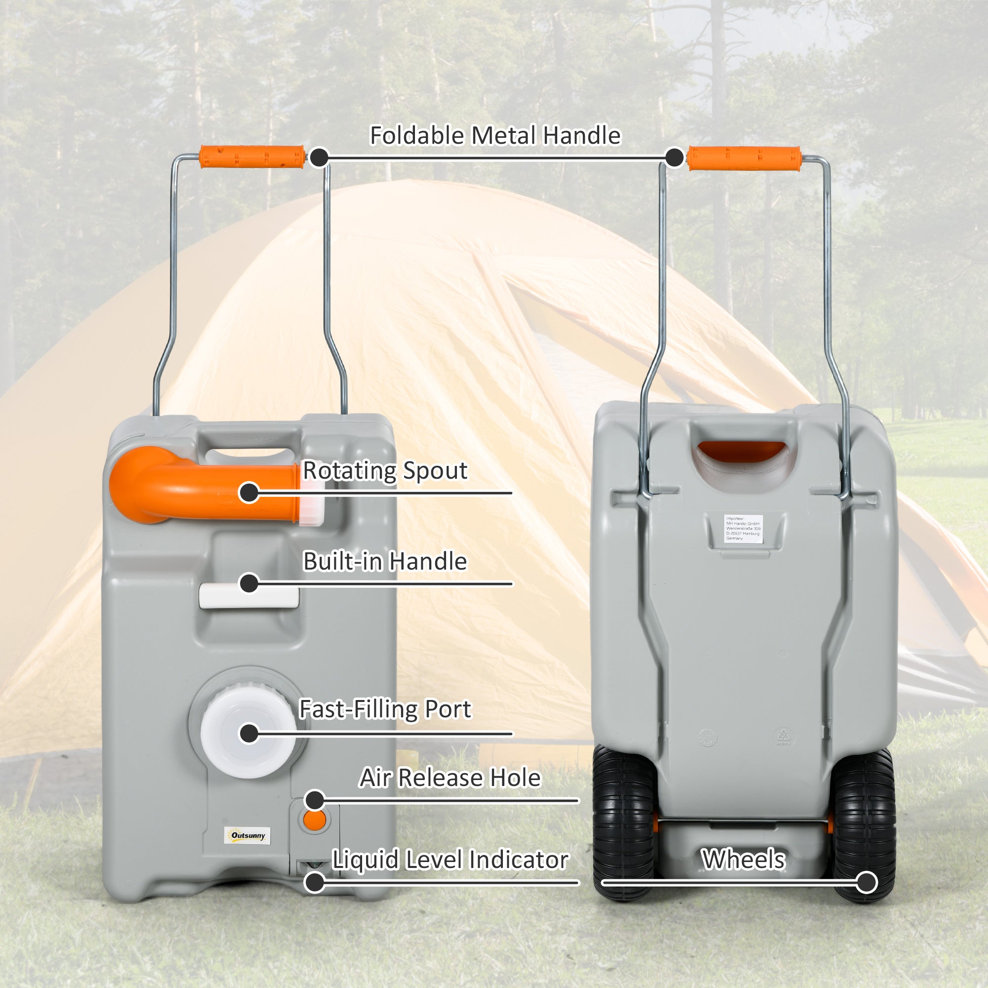 Outsunny 5.8 Gallon Portable RV Waste Holding Tank, Water Storage Container with Collapsible Handle & Wheels, Portable Water Tank with Rotating Drain Spout, Level Indicator, Grey