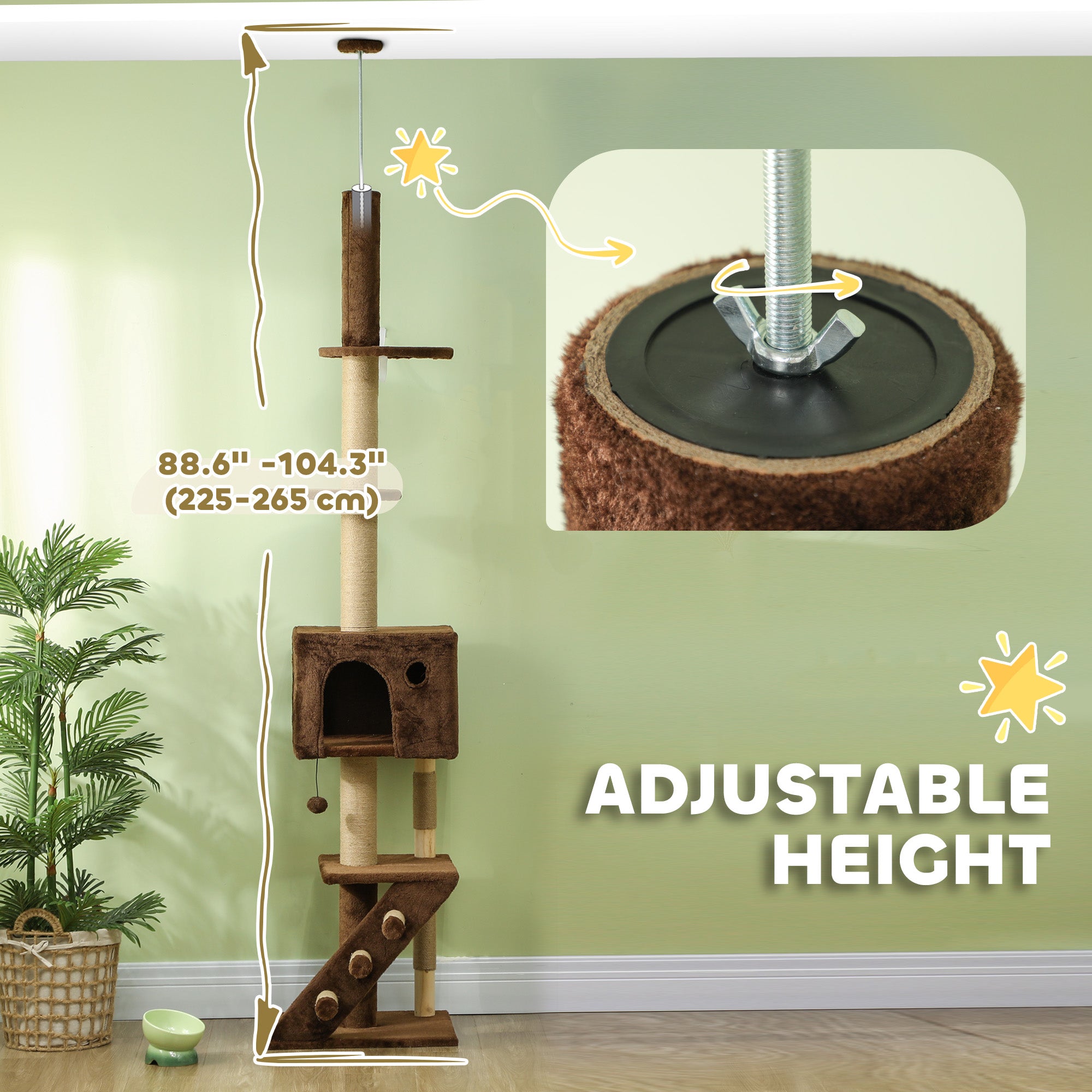 PawHut Floor to Ceiling Cat Tree for Large Cats Adult, Cat Tower Adjustable Height 89"-104" w/ Scratching Post, Cat House, 3-Steps, Hanging Ball, Perches, Anti-tip Kit, Brown