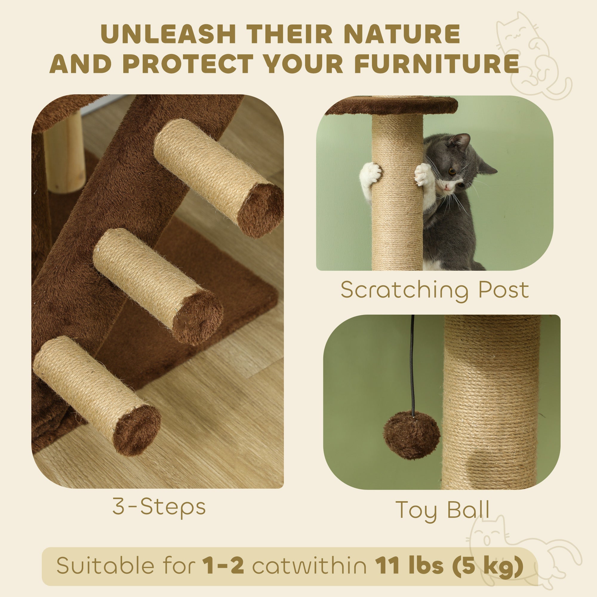 PawHut Floor to Ceiling Cat Tree for Large Cats Adult, Cat Tower Adjustable Height 89"-104" w/ Scratching Post, Cat House, 3-Steps, Hanging Ball, Perches, Anti-tip Kit, Brown