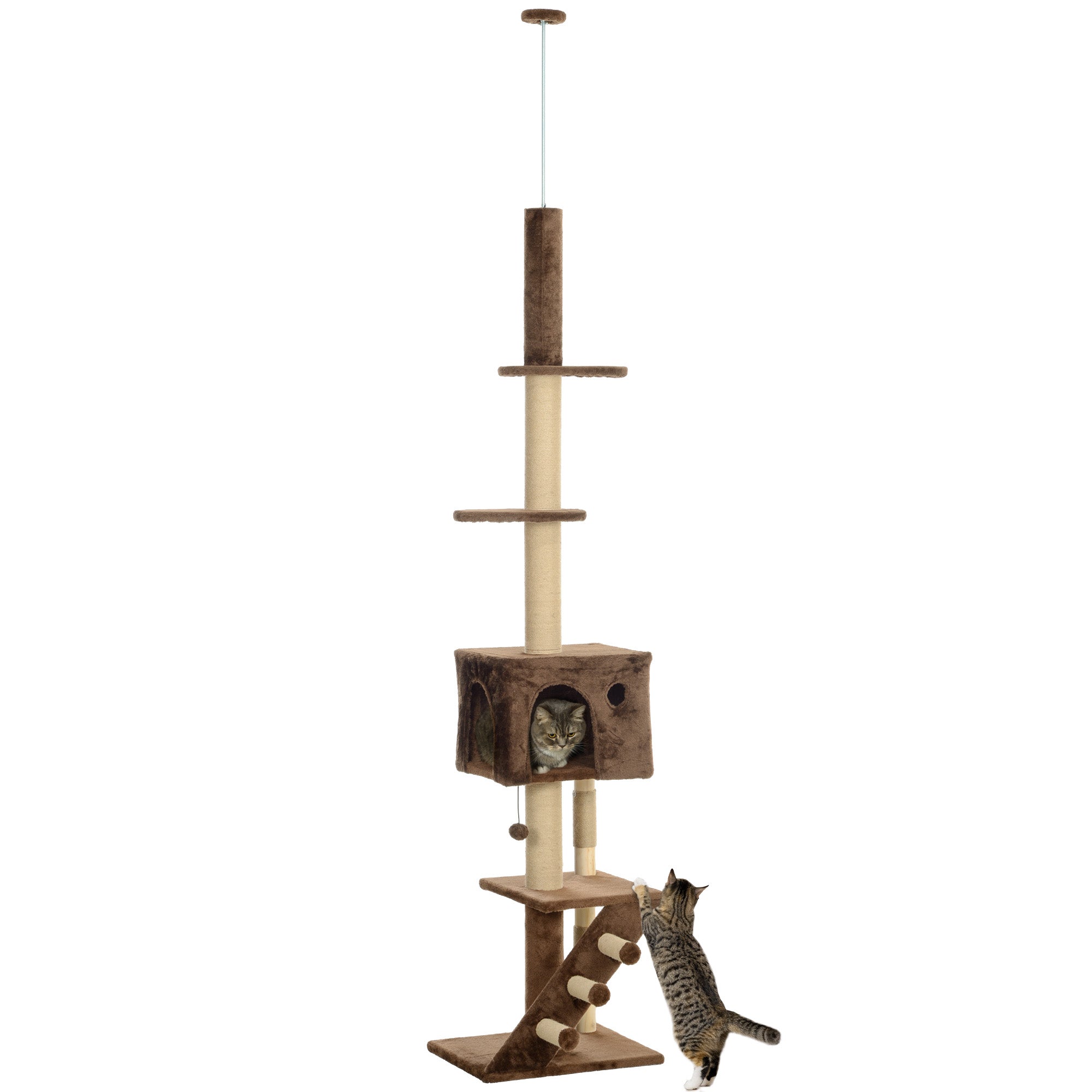 PawHut Floor to Ceiling Cat Tree for Large Cats Adult, Cat Tower Adjustable Height 89"-104" w/ Scratching Post, Cat House, 3-Steps, Hanging Ball, Perches, Anti-tip Kit, Brown