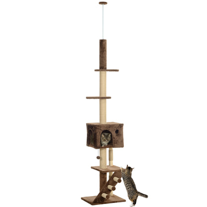 PawHut Floor to Ceiling Cat Tree for Large Cats Adult, Cat Tower Adjustable Height 89"-104" w/ Scratching Post, Cat House, 3-Steps, Hanging Ball, Perches, Anti-tip Kit, Brown