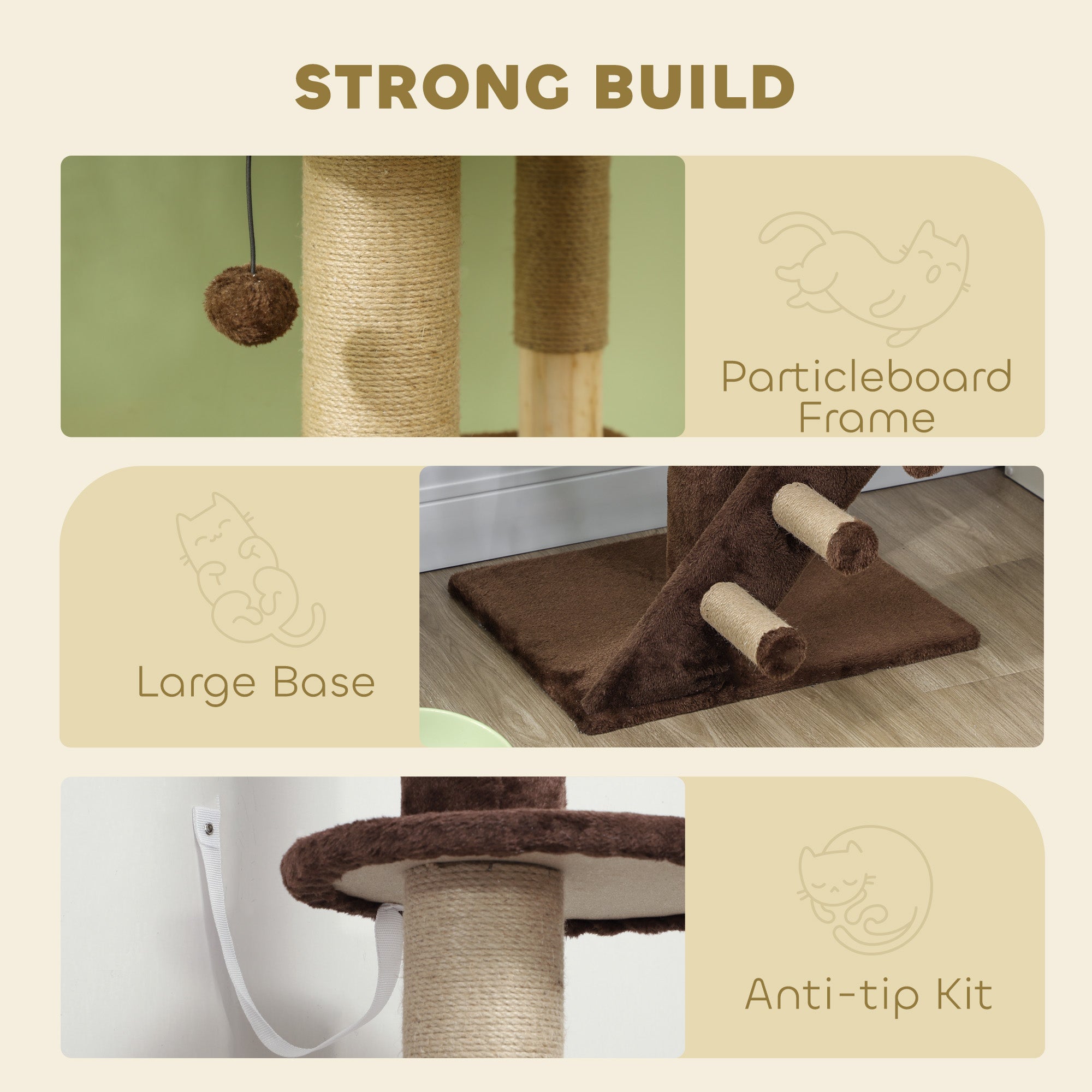 PawHut Floor to Ceiling Cat Tree for Large Cats Adult, Cat Tower Adjustable Height 89"-104" w/ Scratching Post, Cat House, 3-Steps, Hanging Ball, Perches, Anti-tip Kit, Brown