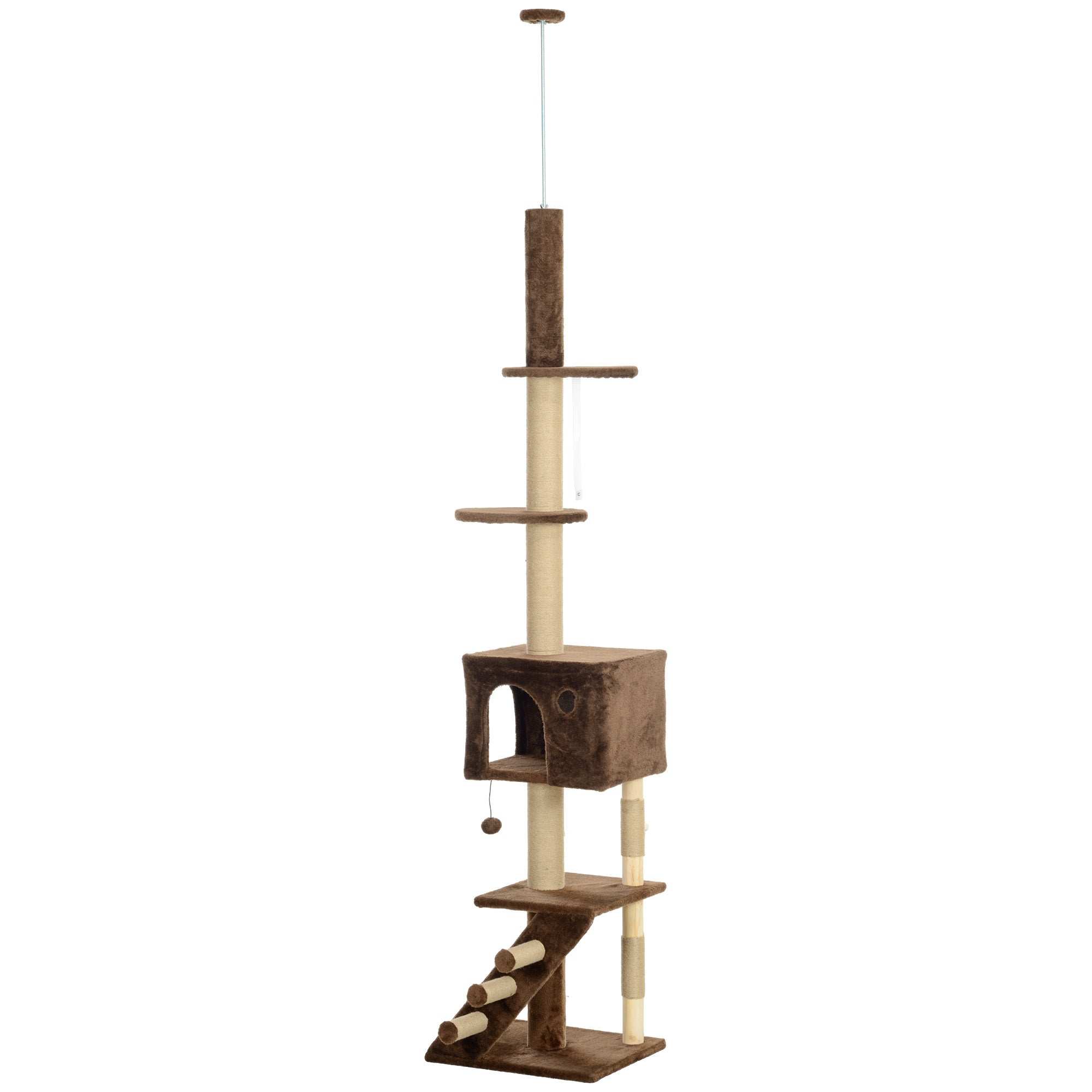 PawHut Floor to Ceiling Cat Tree for Large Cats Adult, Cat Tower Adjustable Height 89"-104" w/ Scratching Post, Cat House, 3-Steps, Hanging Ball, Perches, Anti-tip Kit, Brown
