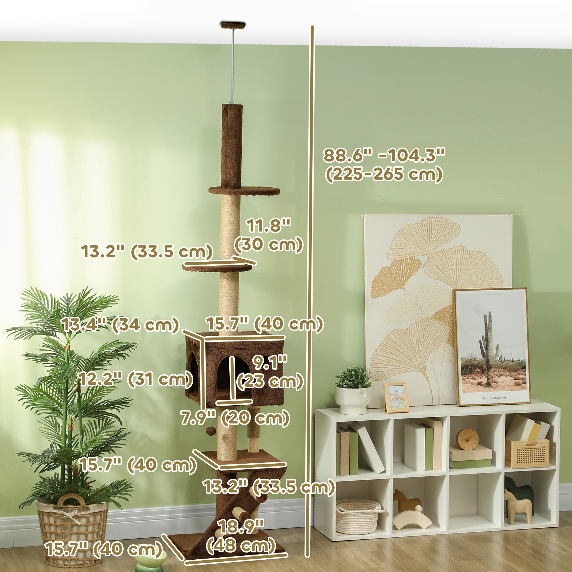 PawHut Floor to Ceiling Cat Tree for Large Cats Adult, Cat Tower Adjustable Height 89"-104" w/ Scratching Post, Cat House, 3-Steps, Hanging Ball, Perches, Anti-tip Kit, Brown