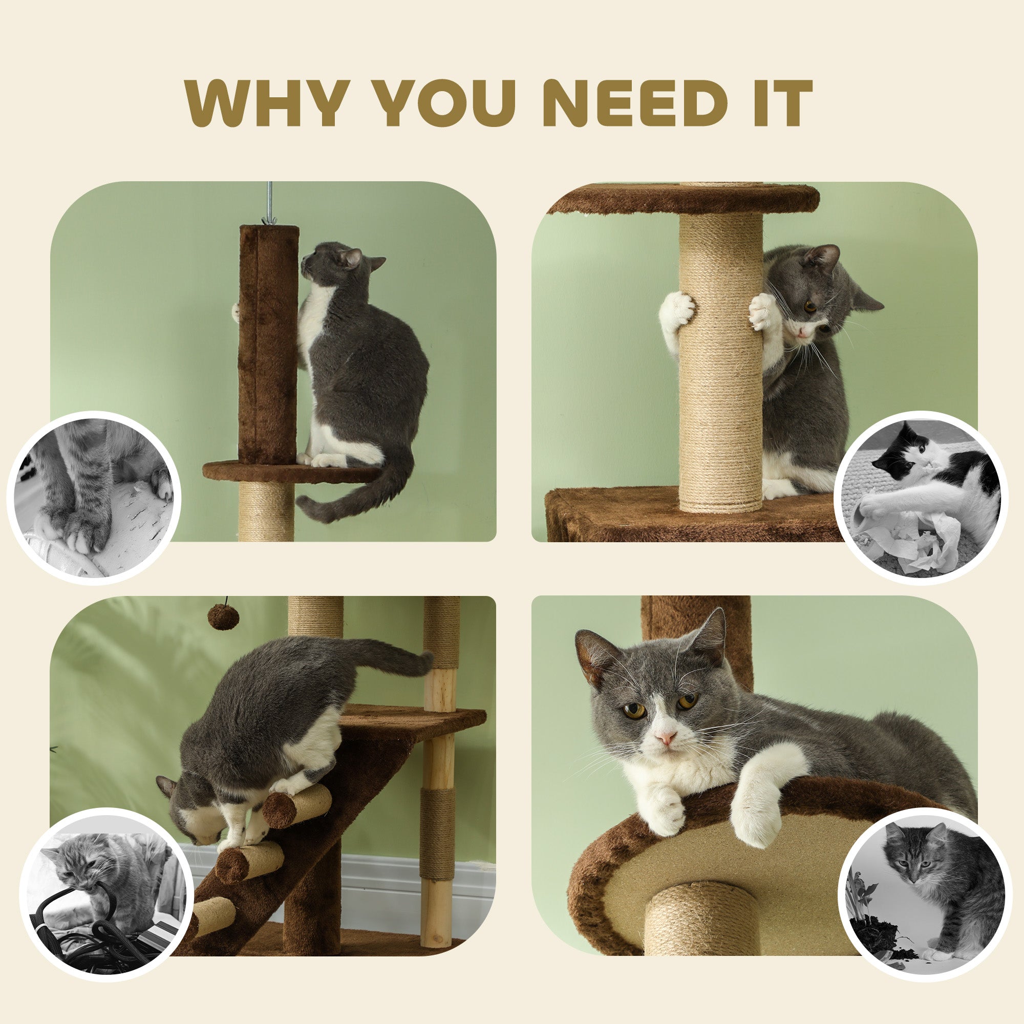 PawHut Floor to Ceiling Cat Tree for Large Cats Adult, Cat Tower Adjustable Height 89"-104" w/ Scratching Post, Cat House, 3-Steps, Hanging Ball, Perches, Anti-tip Kit, Brown