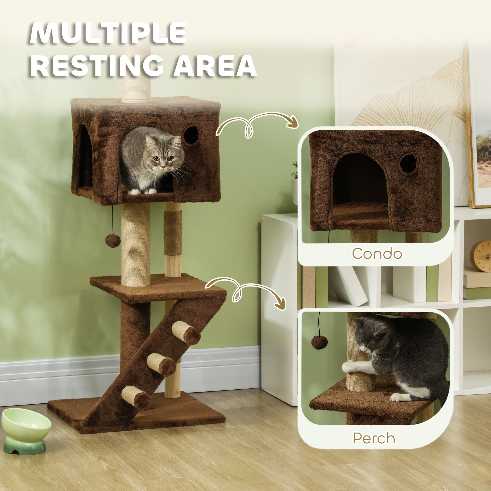 PawHut Floor to Ceiling Cat Tree for Large Cats Adult, Cat Tower Adjustable Height 89"-104" w/ Scratching Post, Cat House, 3-Steps, Hanging Ball, Perches, Anti-tip Kit, Brown