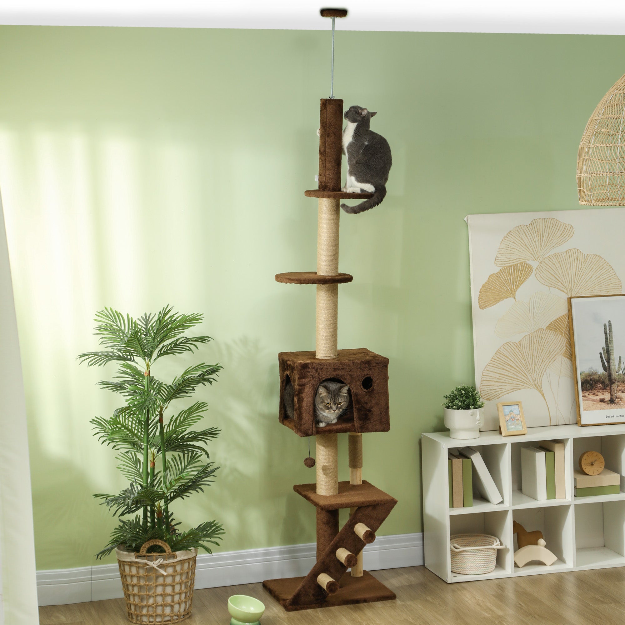 PawHut Floor to Ceiling Cat Tree for Large Cats Adult, Cat Tower Adjustable Height 89"-104" w/ Scratching Post, Cat House, 3-Steps, Hanging Ball, Perches, Anti-tip Kit, Brown