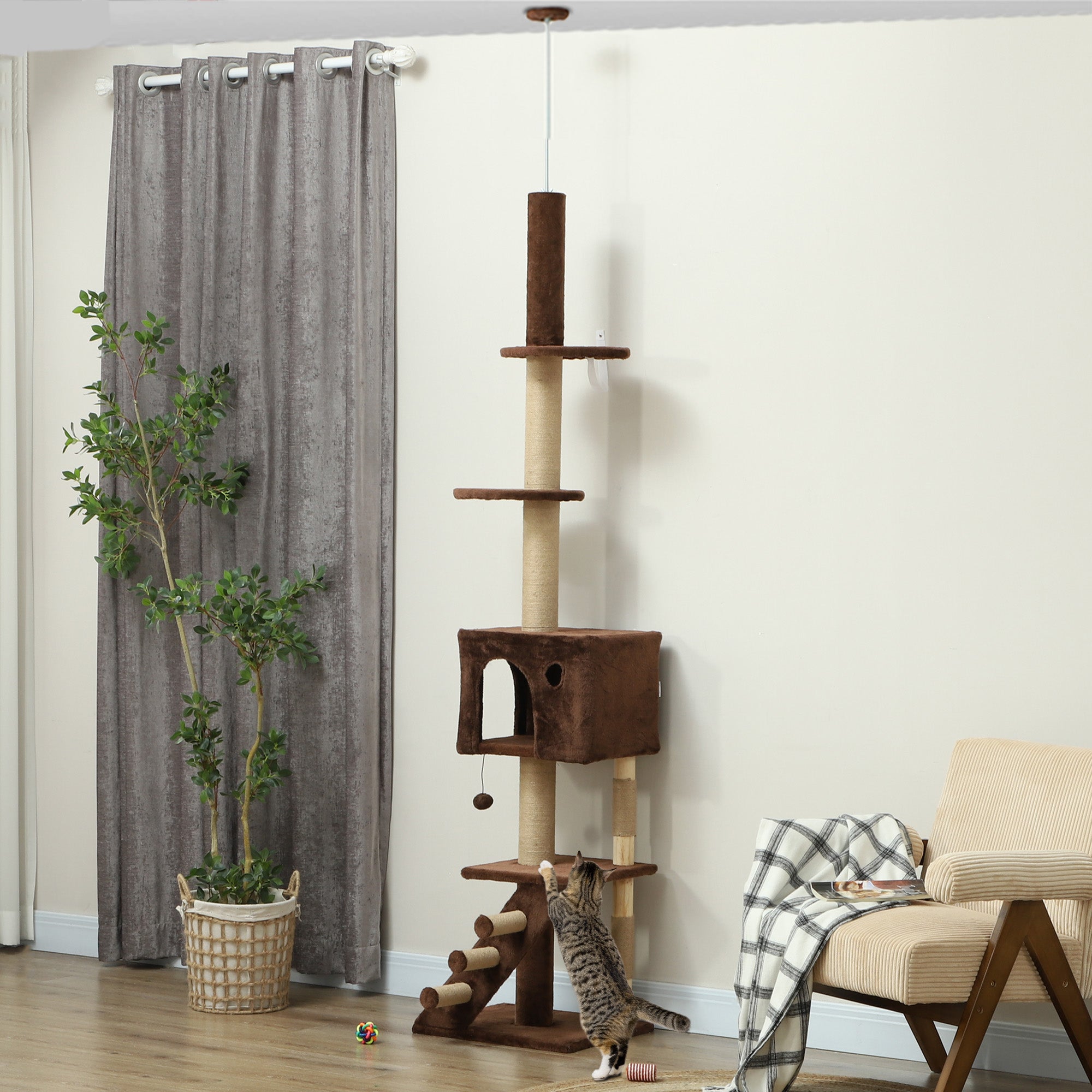 PawHut Floor to Ceiling Cat Tree for Large Cats Adult, Cat Tower Adjustable Height 89"-104" w/ Scratching Post, Cat House, 3-Steps, Hanging Ball, Perches, Anti-tip Kit, Brown