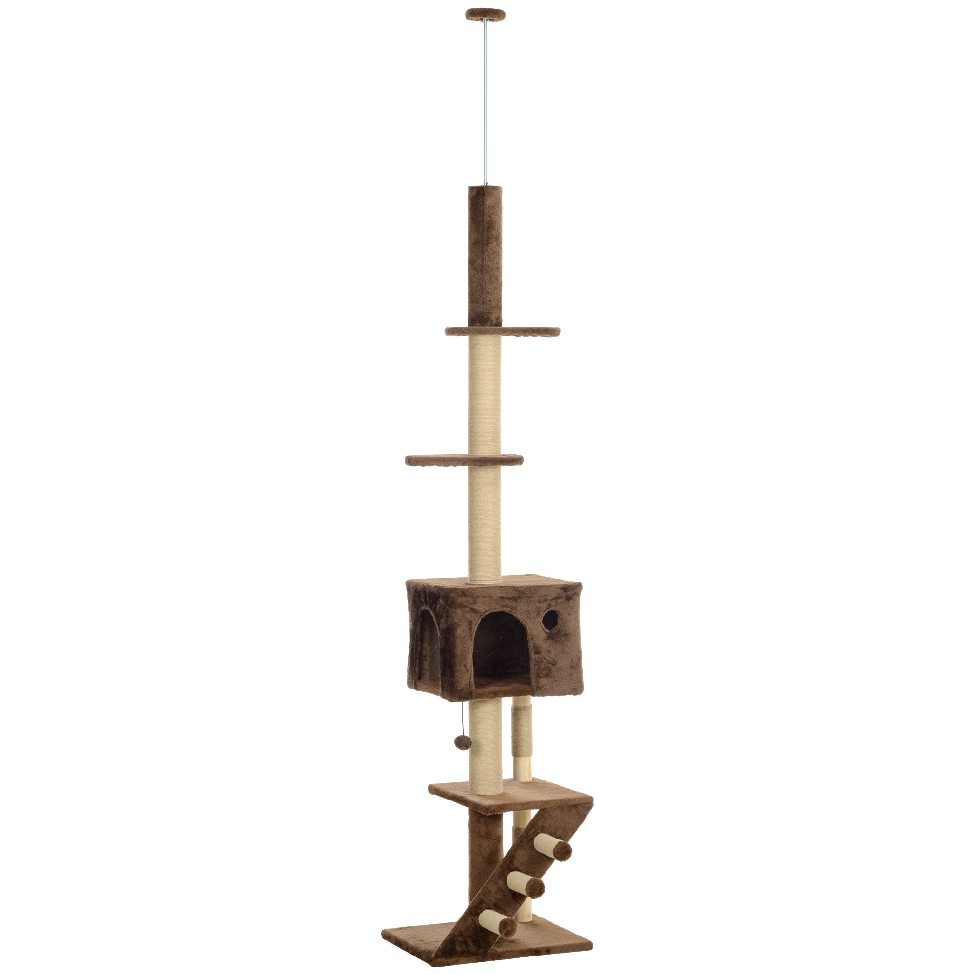 PawHut Floor to Ceiling Cat Tree for Large Cats Adult, Cat Tower Adjustable Height 89"-104" w/ Scratching Post, Cat House, 3-Steps, Hanging Ball, Perches, Anti-tip Kit, Brown