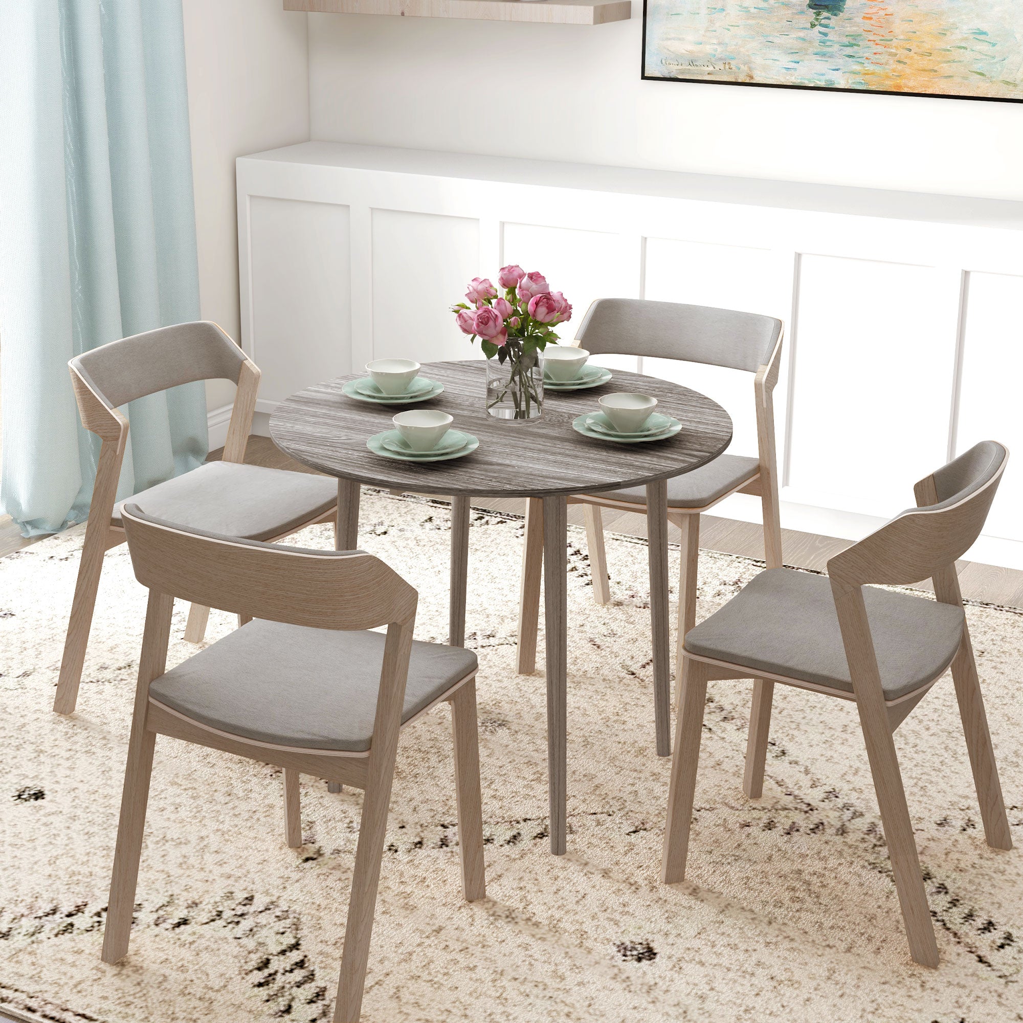 HOMCOM Folding Dining Table, Round Drop Leaf Table for Small Spaces, Foldable Table with Wood Legs for Kitchen, Dining Room, Distressed Grey