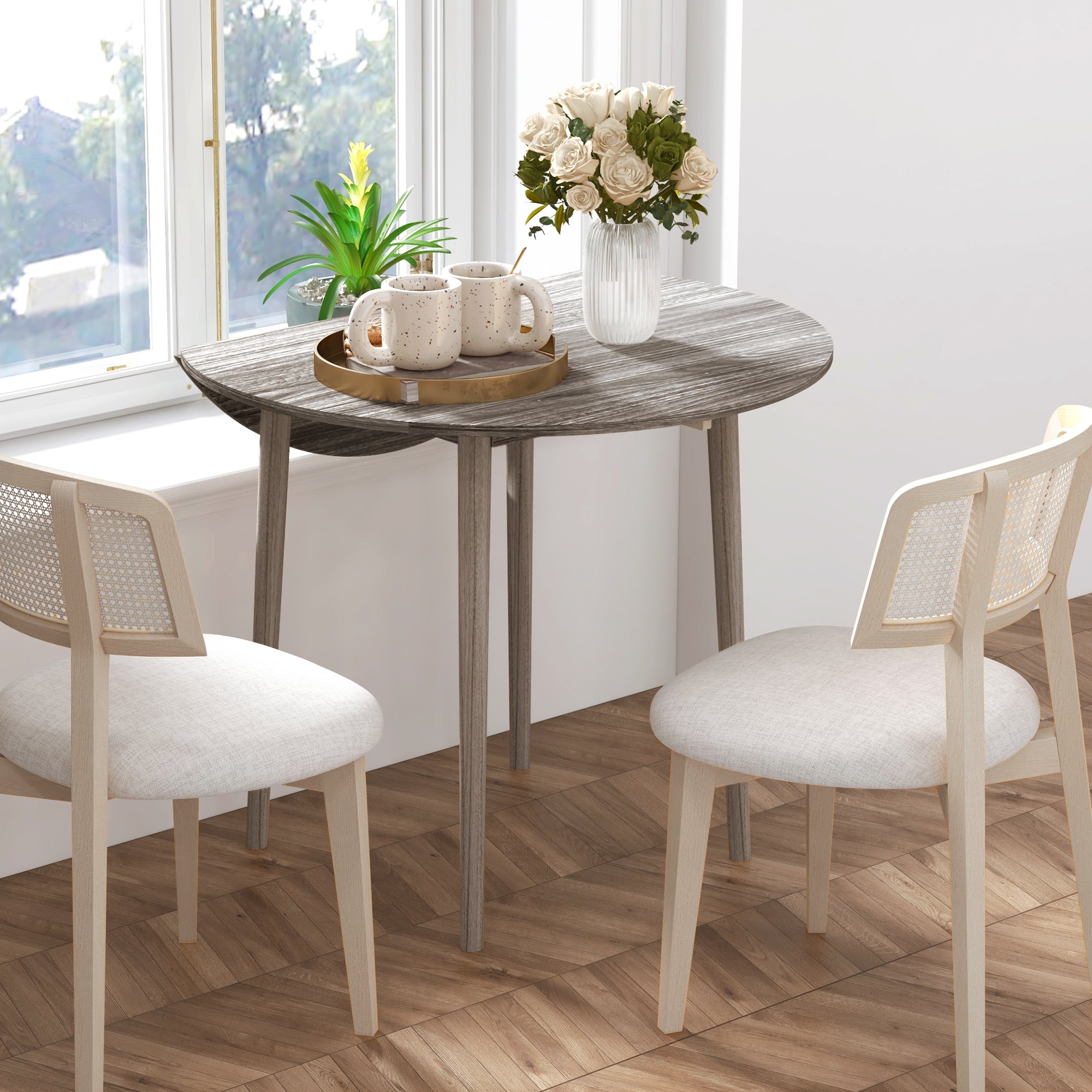 HOMCOM Folding Dining Table, Round Drop Leaf Table for Small Spaces, Foldable Table with Wood Legs for Kitchen, Dining Room, Distressed Grey