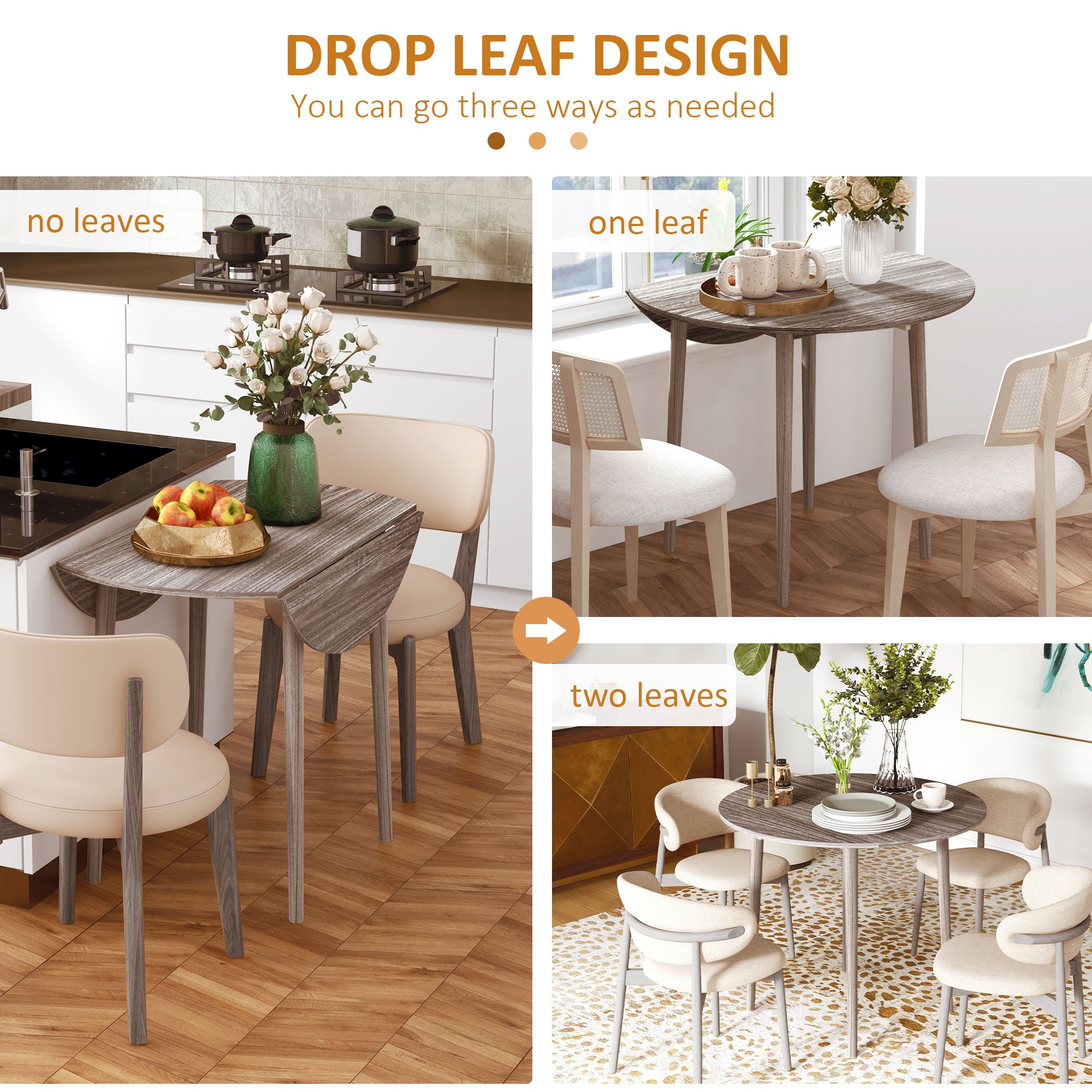 HOMCOM Folding Dining Table, Round Drop Leaf Table for Small Spaces, Foldable Table with Wood Legs for Kitchen, Dining Room, Distressed Grey