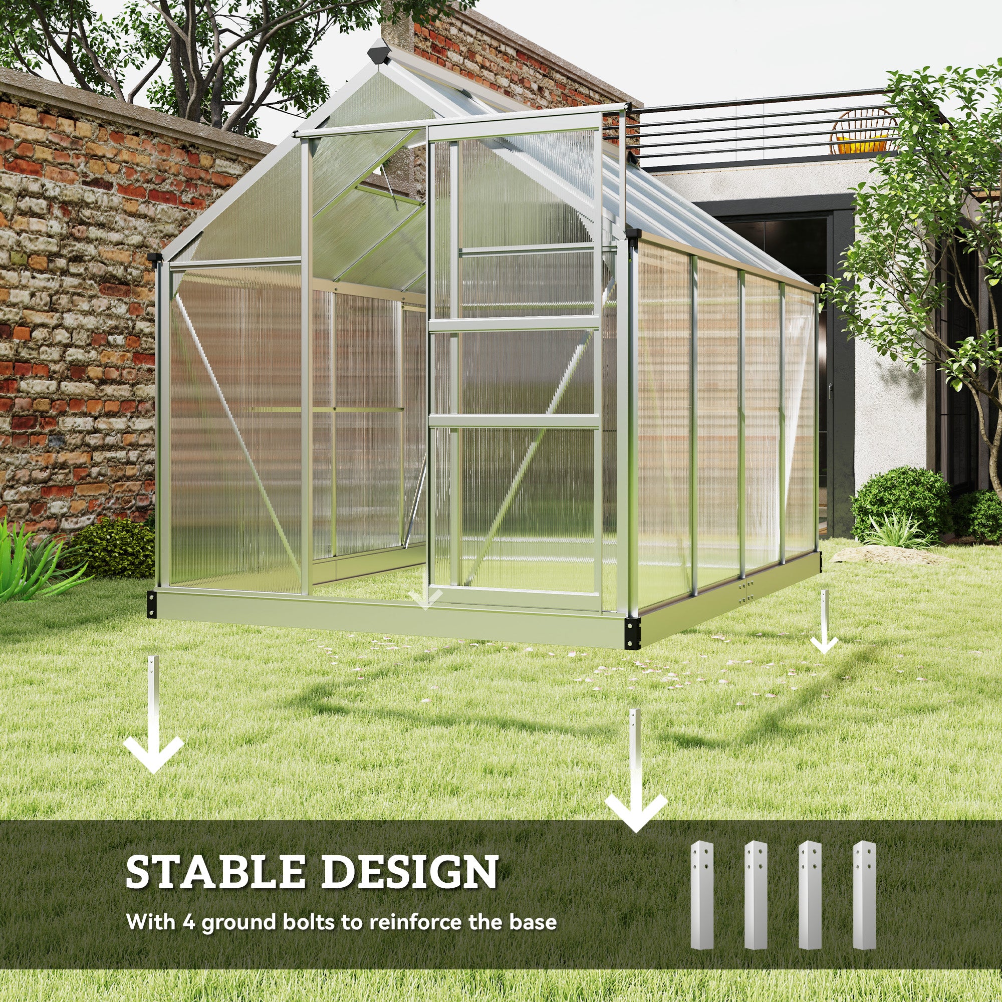 Outsunny 6' x 8' x 6.6' Polycarbonate Greenhouse, Walk-In Green House Kit Garden, Plants Grow, Galvanized Sheet Aluminum Frame with Rain Gutter, Vent and Sliding Door, Silver