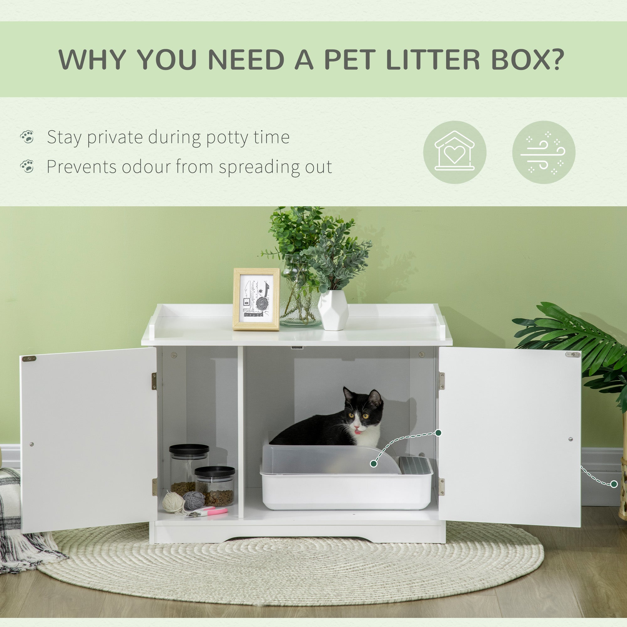 PawHut Wide & Large Cat Litter Box Furniture Hidden Farmhouse Table with Magnetic Doors, Big Covered Kitty Litter Box Enclosure Cabinet with Shelves, Pet Furniture Cat Gift Side Table, White