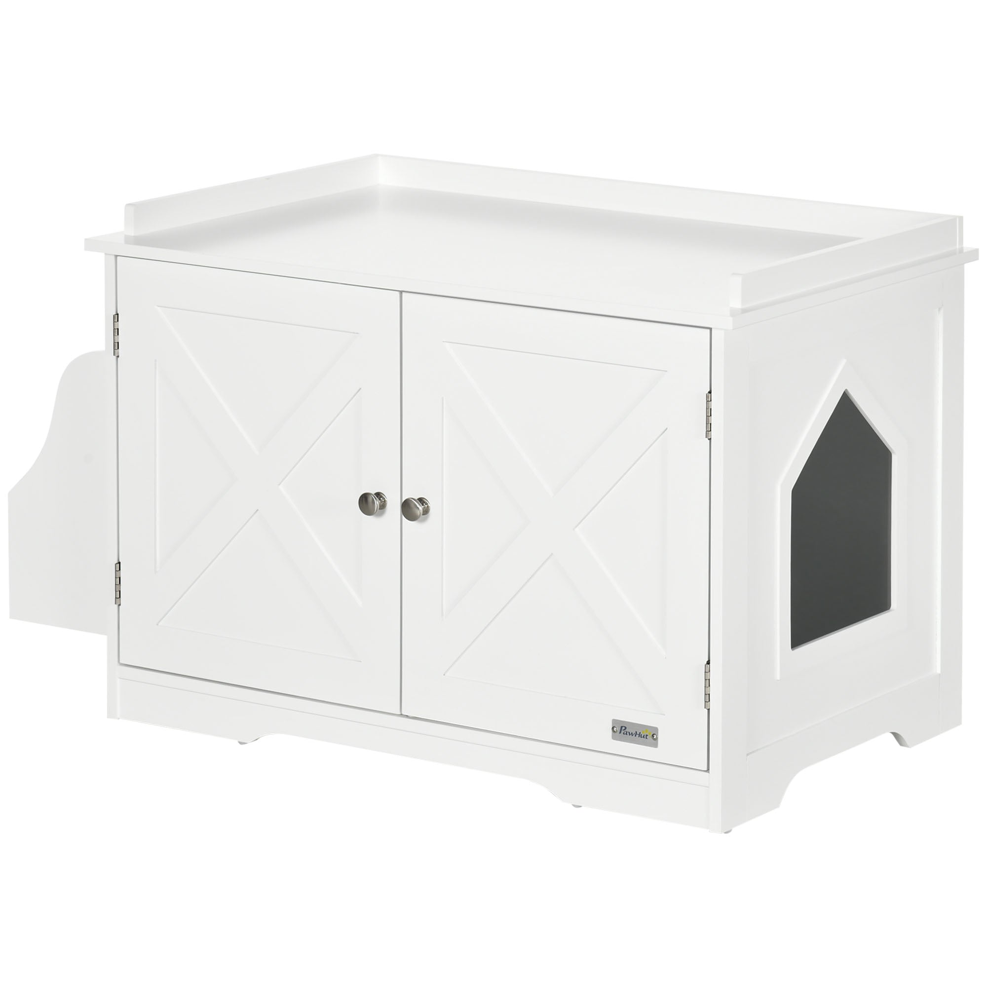 PawHut Wide & Large Cat Litter Box Furniture Hidden Farmhouse Table with Magnetic Doors, Big Covered Kitty Litter Box Enclosure Cabinet with Shelves, Pet Furniture Cat Gift Side Table, White