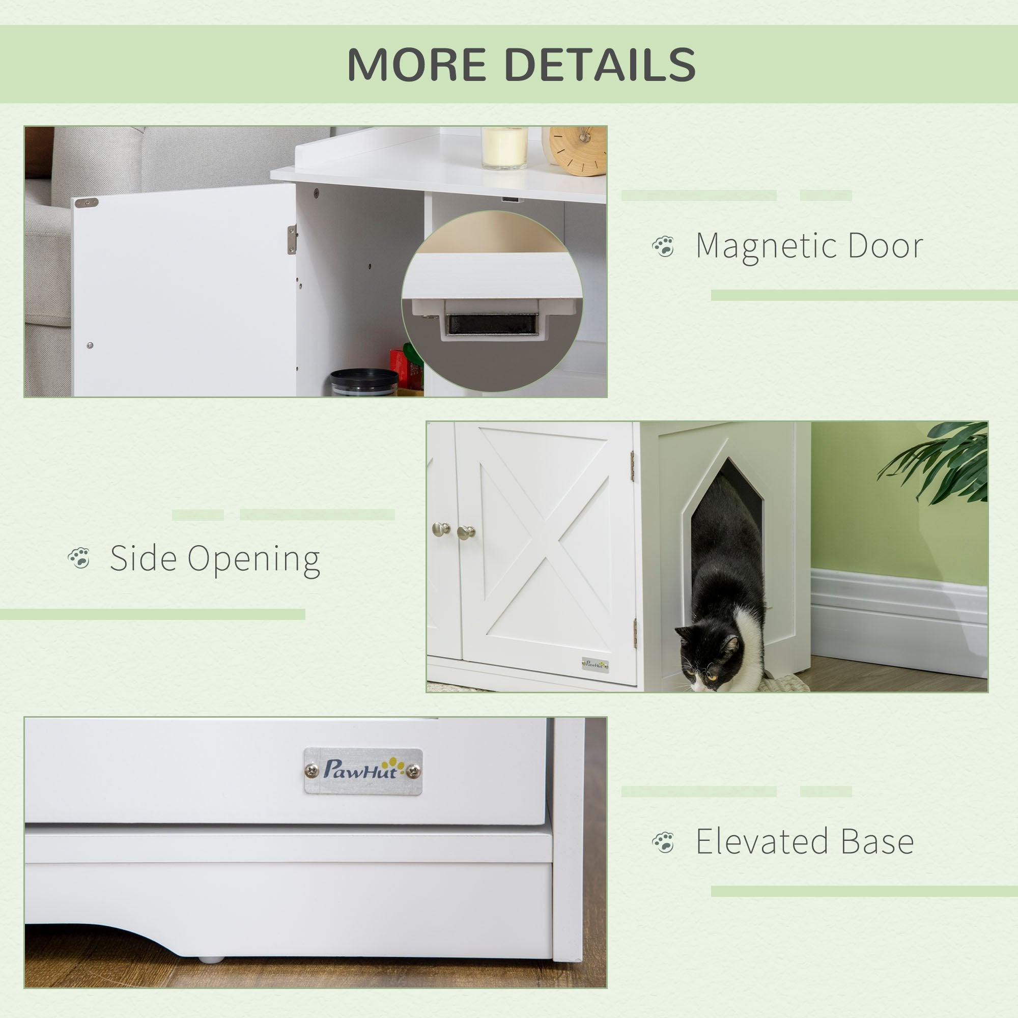 PawHut Wide & Large Cat Litter Box Furniture Hidden Farmhouse Table with Magnetic Doors, Big Covered Kitty Litter Box Enclosure Cabinet with Shelves, Pet Furniture Cat Gift Side Table, White