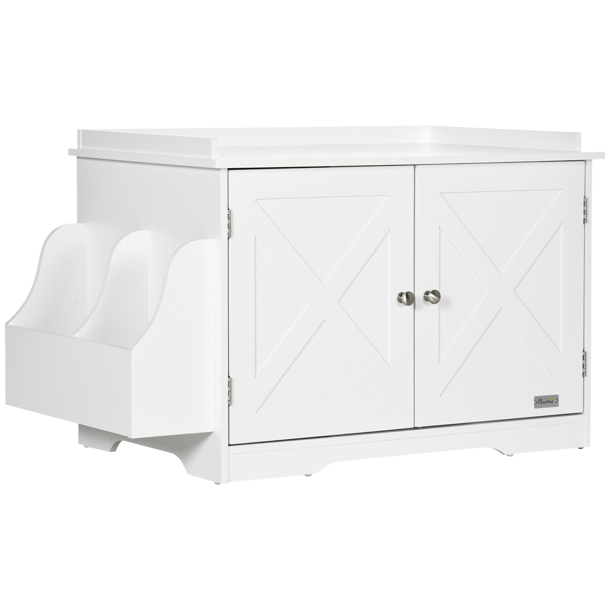 PawHut Wide & Large Cat Litter Box Furniture Hidden Farmhouse Table with Magnetic Doors, Big Covered Kitty Litter Box Enclosure Cabinet with Shelves, Pet Furniture Cat Gift Side Table, White