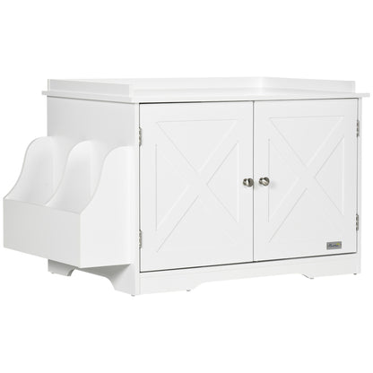 PawHut Wide & Large Cat Litter Box Furniture Hidden Farmhouse Table with Magnetic Doors, Big Covered Kitty Litter Box Enclosure Cabinet with Shelves, Pet Furniture Cat Gift Side Table, White