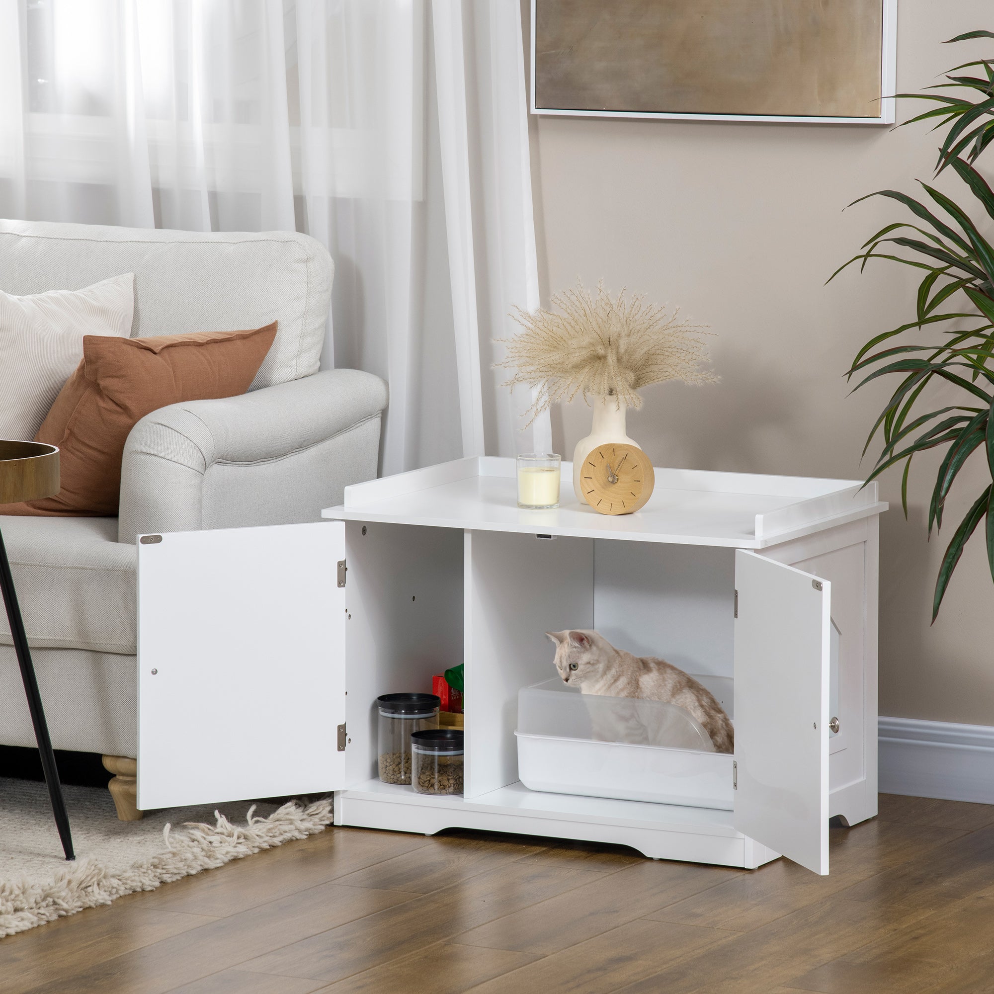 PawHut Wide & Large Cat Litter Box Furniture Hidden Farmhouse Table with Magnetic Doors, Big Covered Kitty Litter Box Enclosure Cabinet with Shelves, Pet Furniture Cat Gift Side Table, White