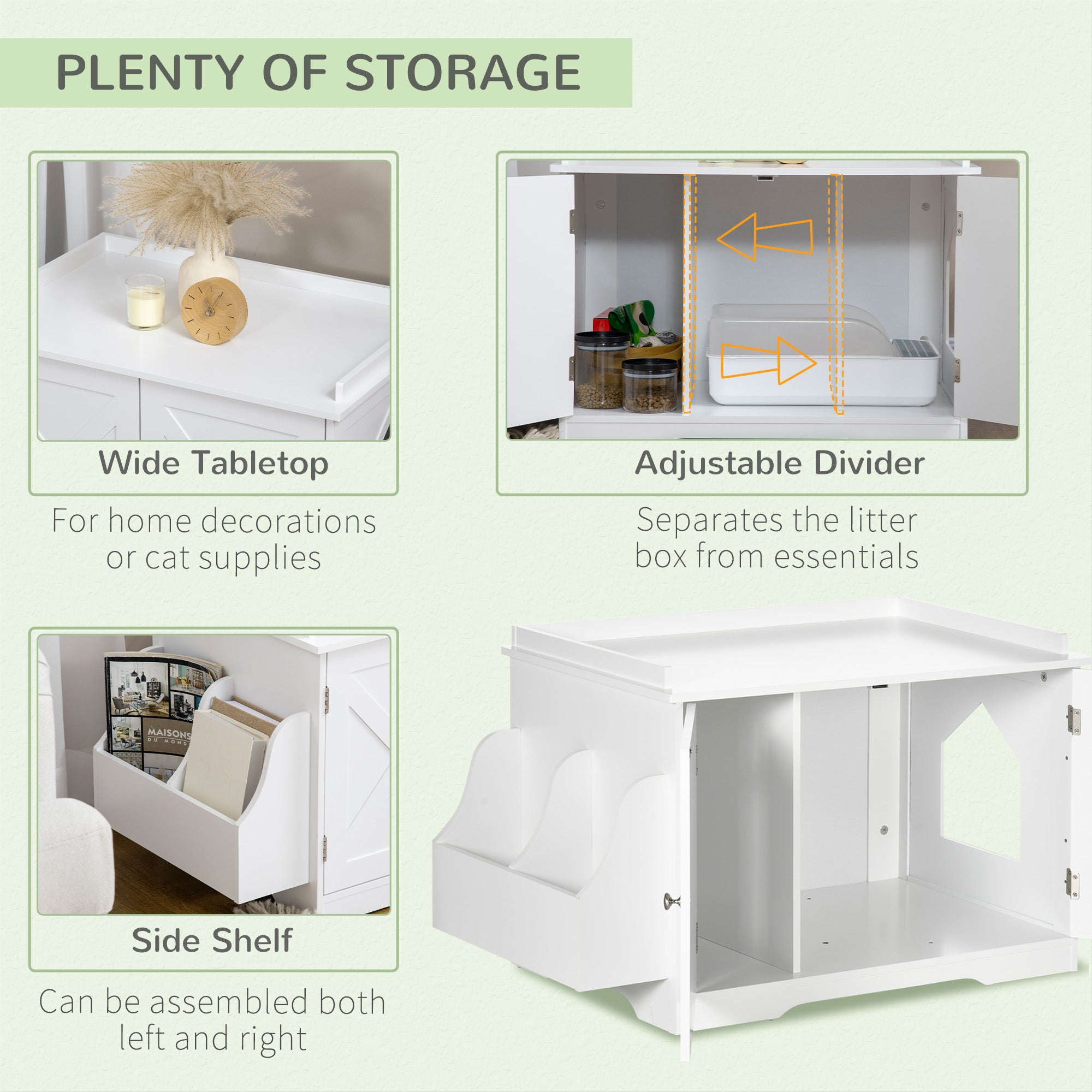 PawHut Wide & Large Cat Litter Box Furniture Hidden Farmhouse Table with Magnetic Doors, Big Covered Kitty Litter Box Enclosure Cabinet with Shelves, Pet Furniture Cat Gift Side Table, White